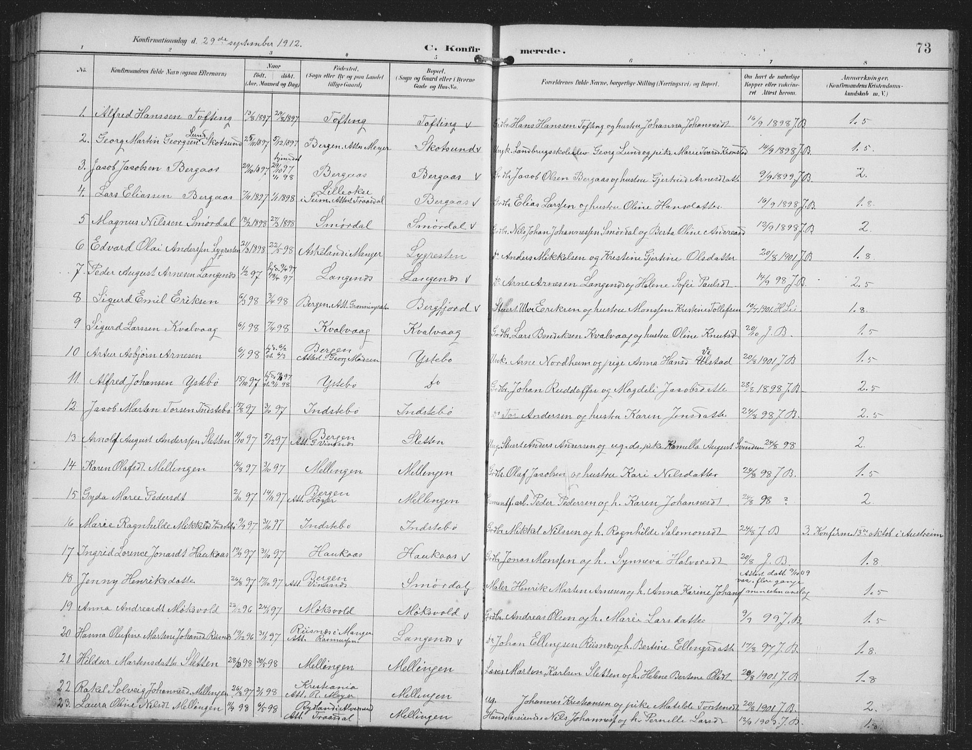 Alversund Sokneprestembete, SAB/A-73901/H/Ha/Hab: Parish register (copy) no. B 4, 1897-1914, p. 73