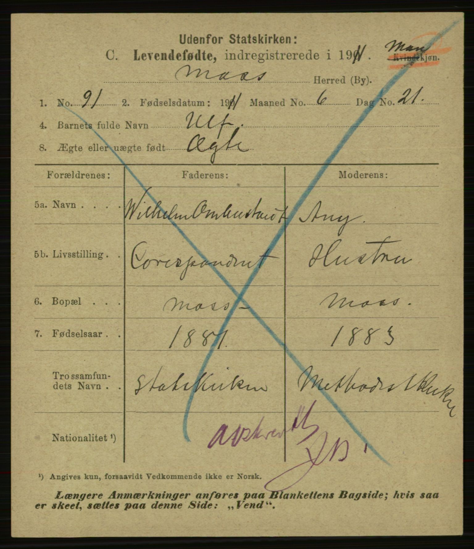 Statistisk sentralbyrå, Sosiodemografiske emner, Befolkning, AV/RA-S-2228/E/L0009: Fødte, gifte, døde dissentere., 1911, p. 3141