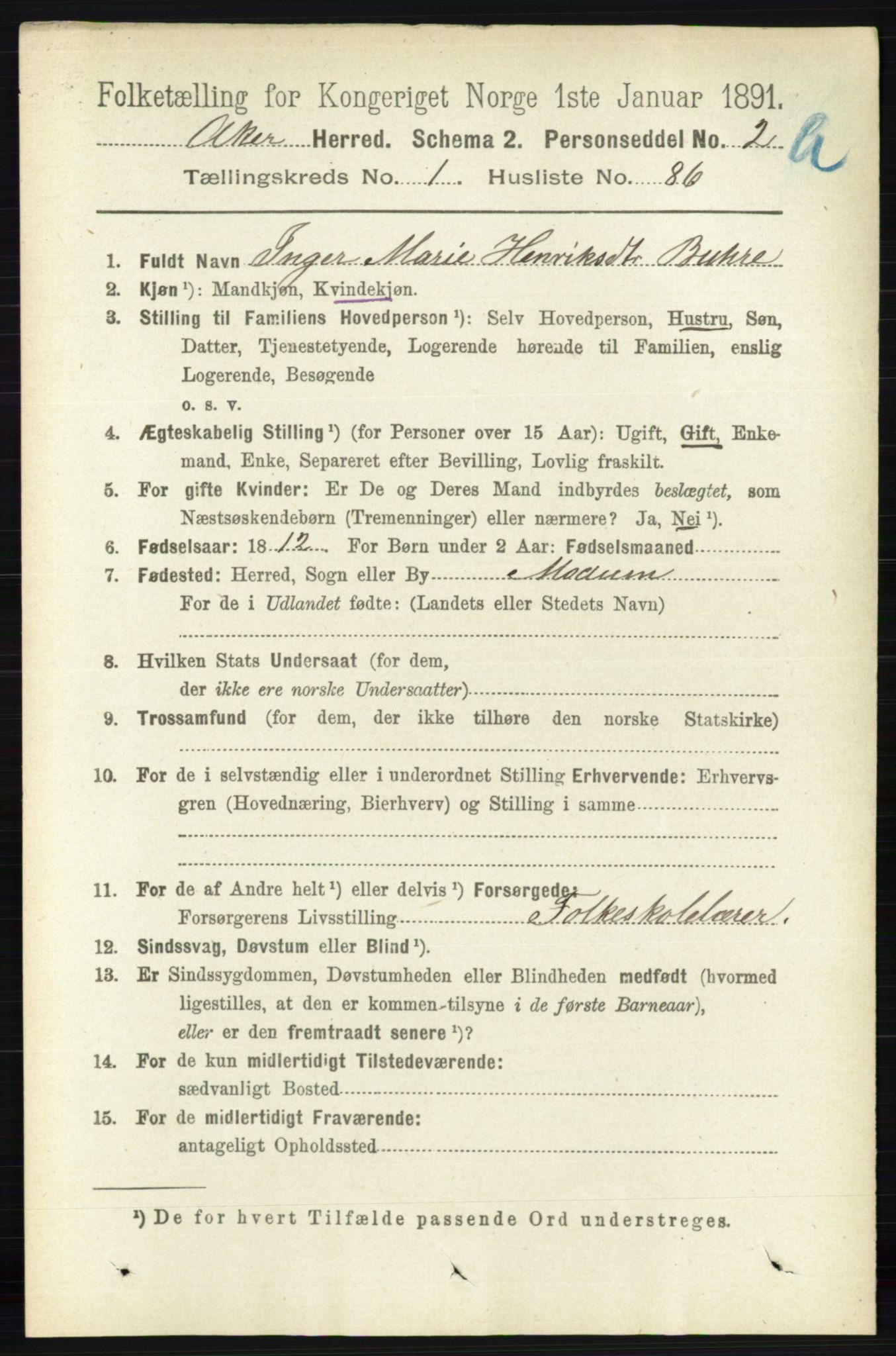 RA, 1891 census for 0218 Aker, 1891, p. 1170