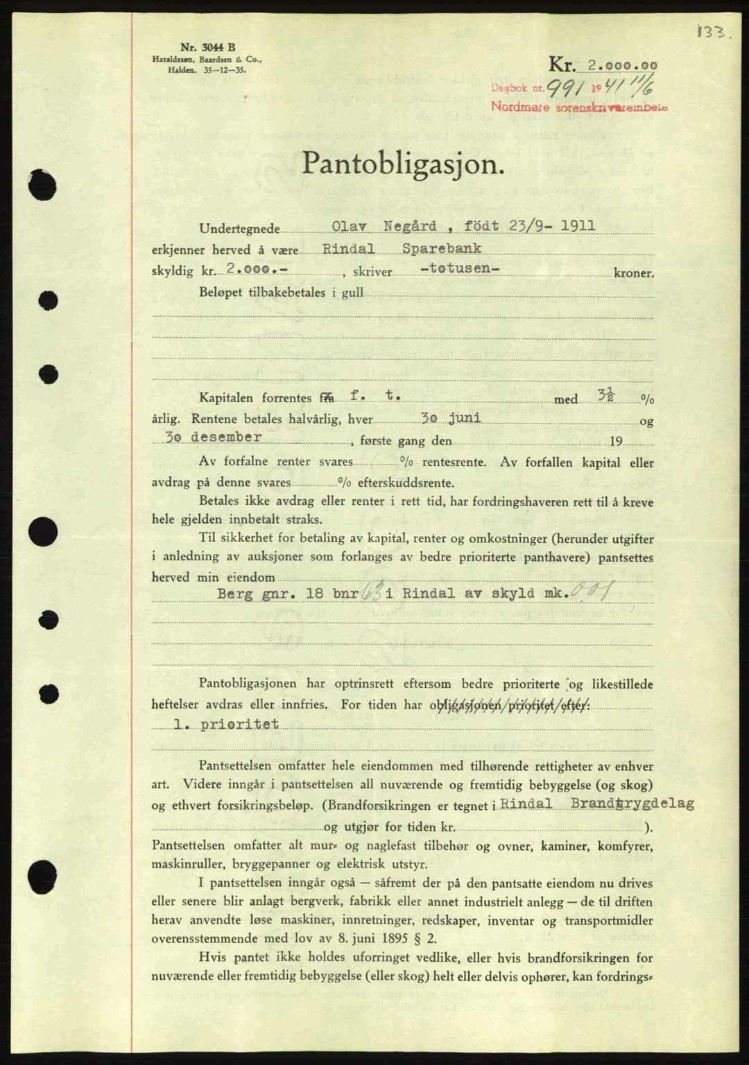 Nordmøre sorenskriveri, AV/SAT-A-4132/1/2/2Ca: Mortgage book no. B88, 1941-1942, Diary no: : 991/1941