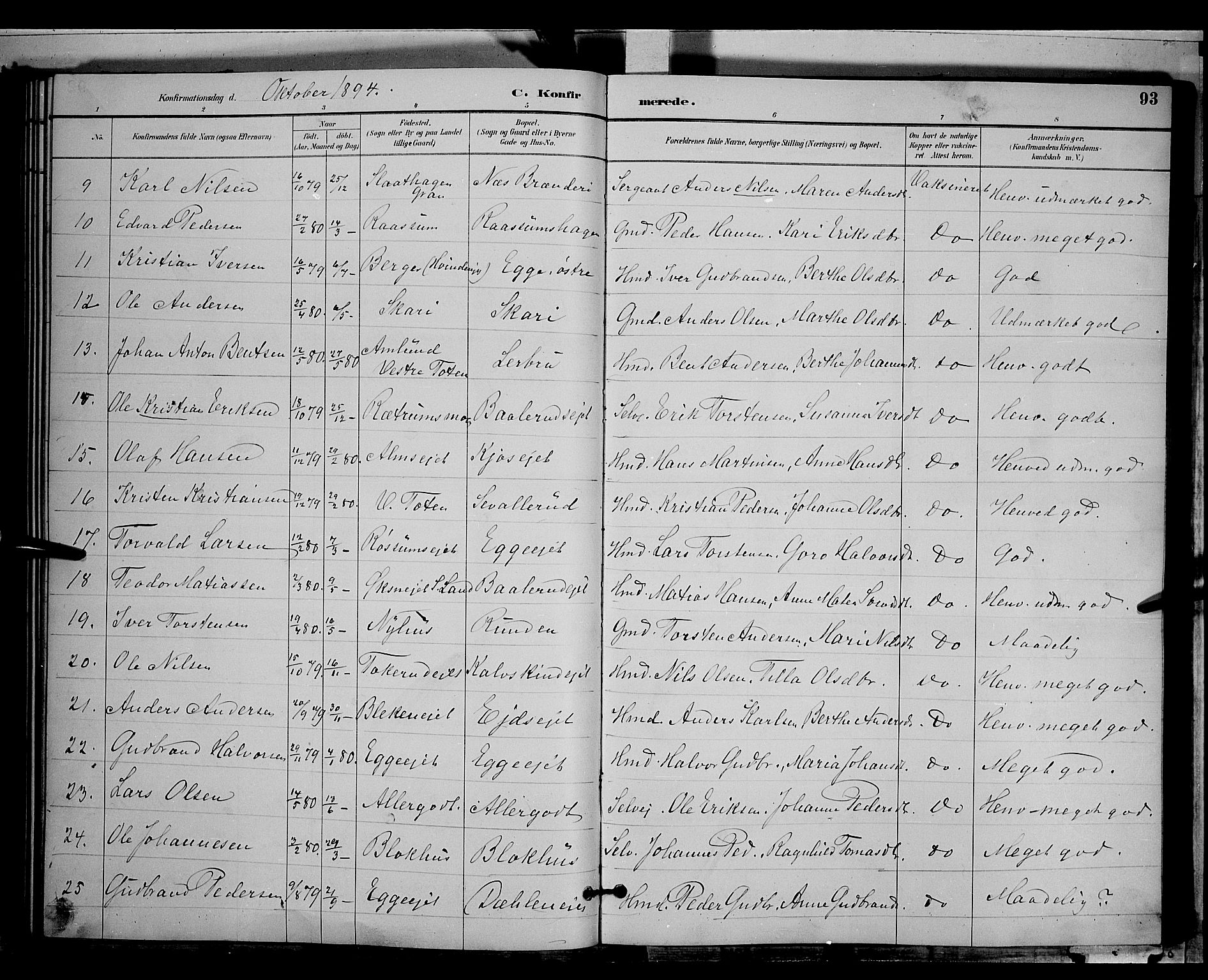 Gran prestekontor, SAH/PREST-112/H/Ha/Hab/L0004: Parish register (copy) no. 4, 1890-1899, p. 93