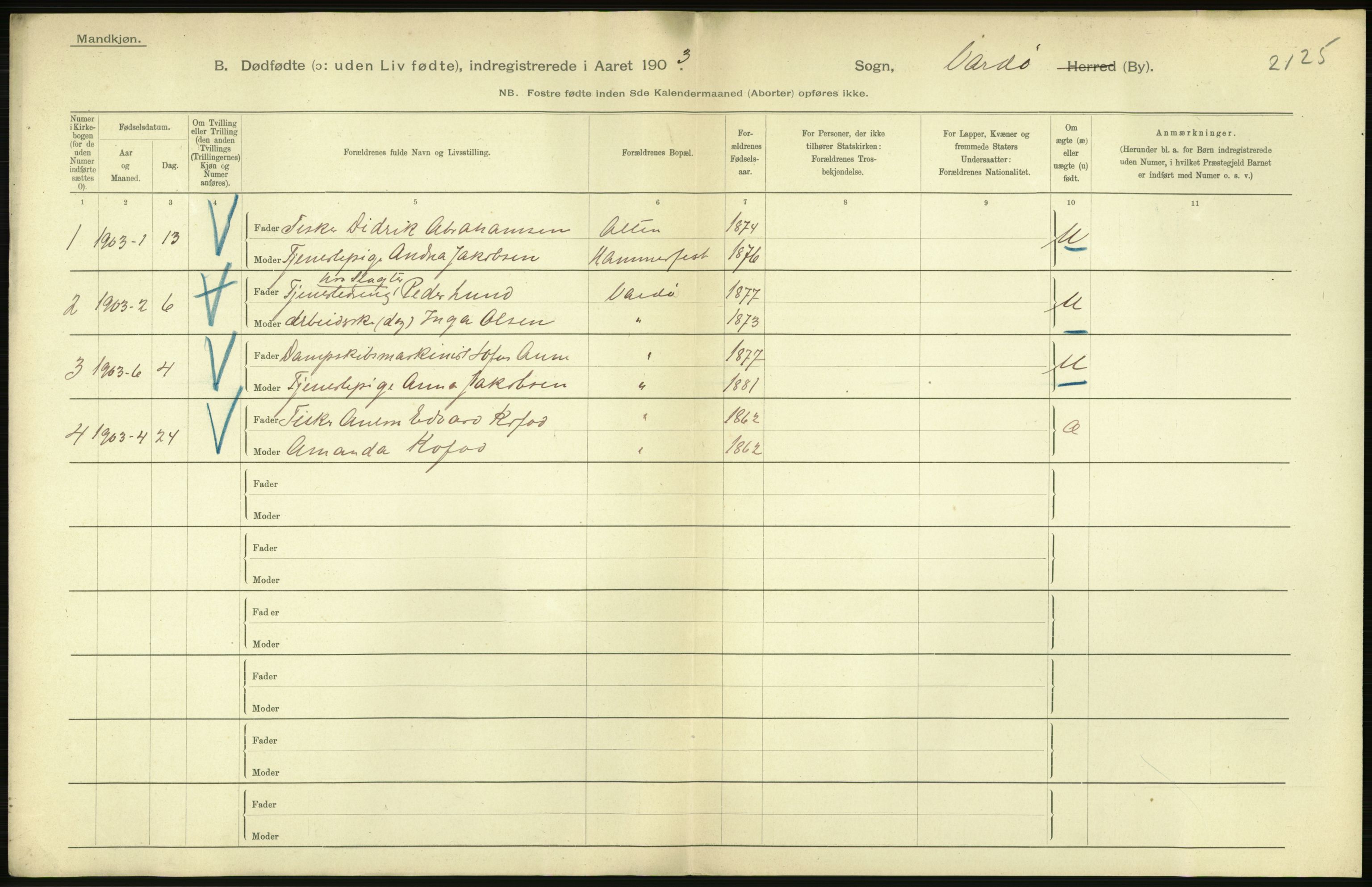 Statistisk sentralbyrå, Sosiodemografiske emner, Befolkning, AV/RA-S-2228/D/Df/Dfa/Dfaa/L0026: Smålenenes - Finnmarkens amt: Dødfødte. Byer., 1903, p. 190