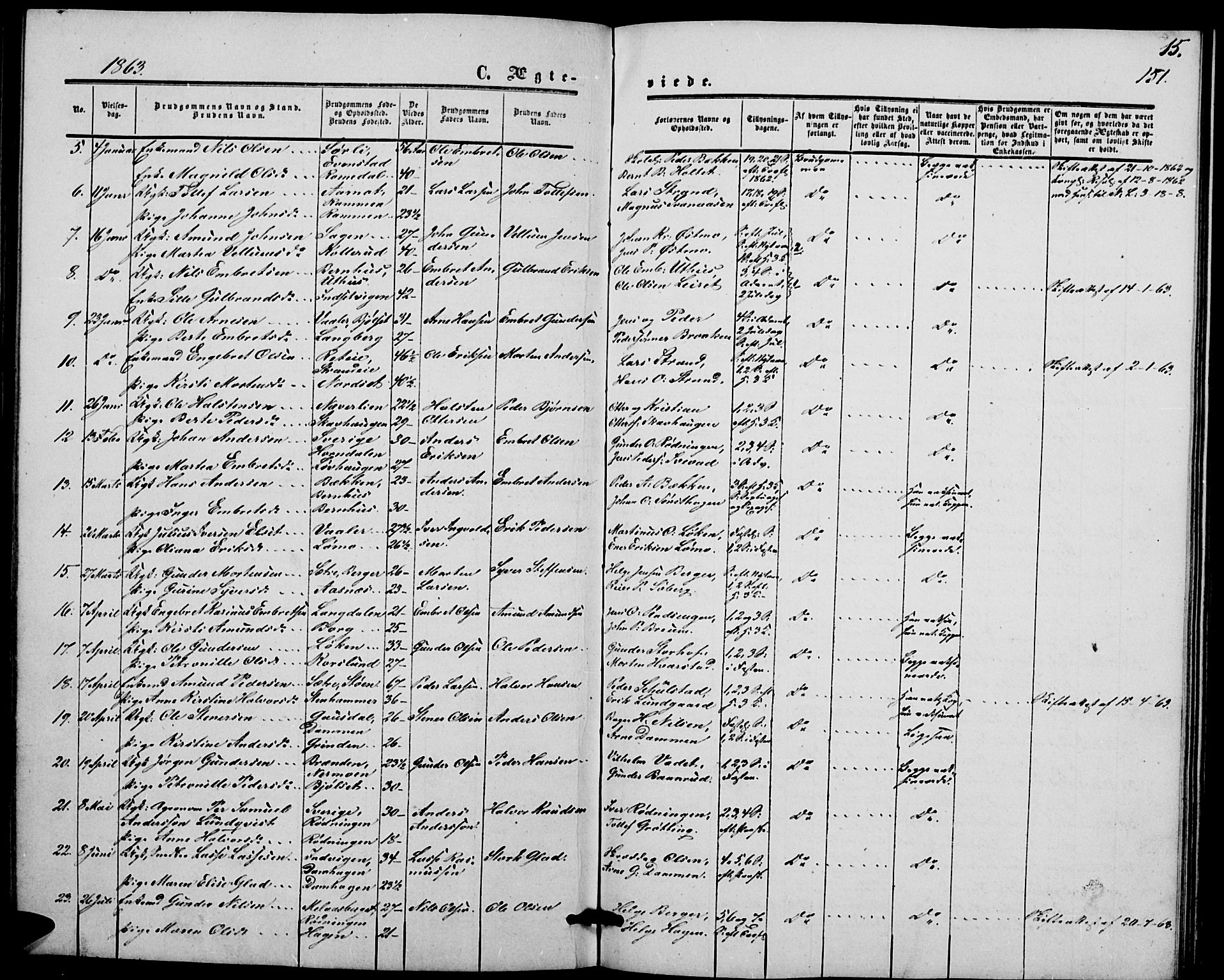 Elverum prestekontor, AV/SAH-PREST-044/H/Ha/Hab/L0003: Parish register (copy) no. 3, 1856-1865, p. 151