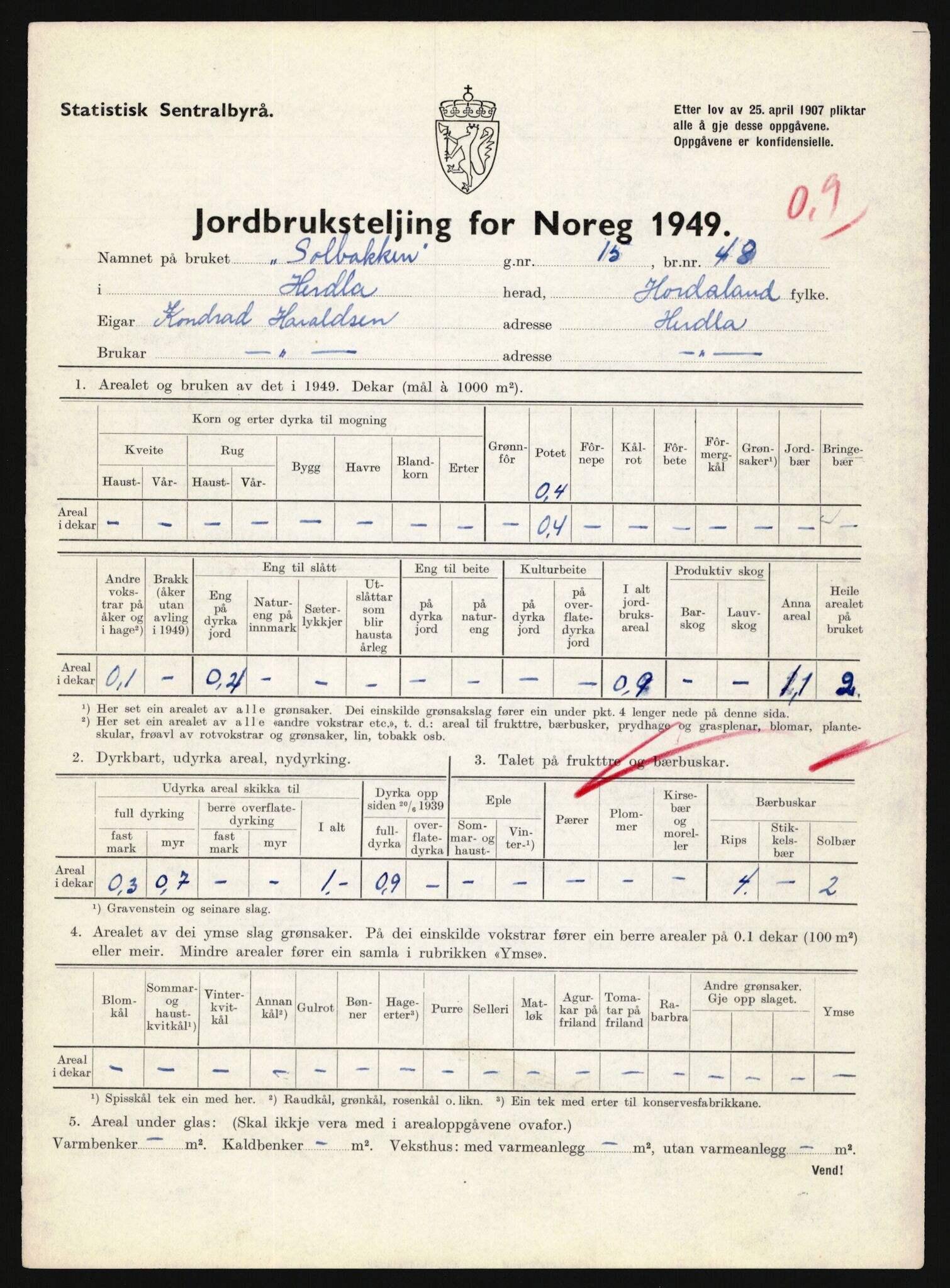 Statistisk sentralbyrå, Næringsøkonomiske emner, Jordbruk, skogbruk, jakt, fiske og fangst, AV/RA-S-2234/G/Gc/L0276: Hordaland: Herdla og Hjelme, 1949, p. 68