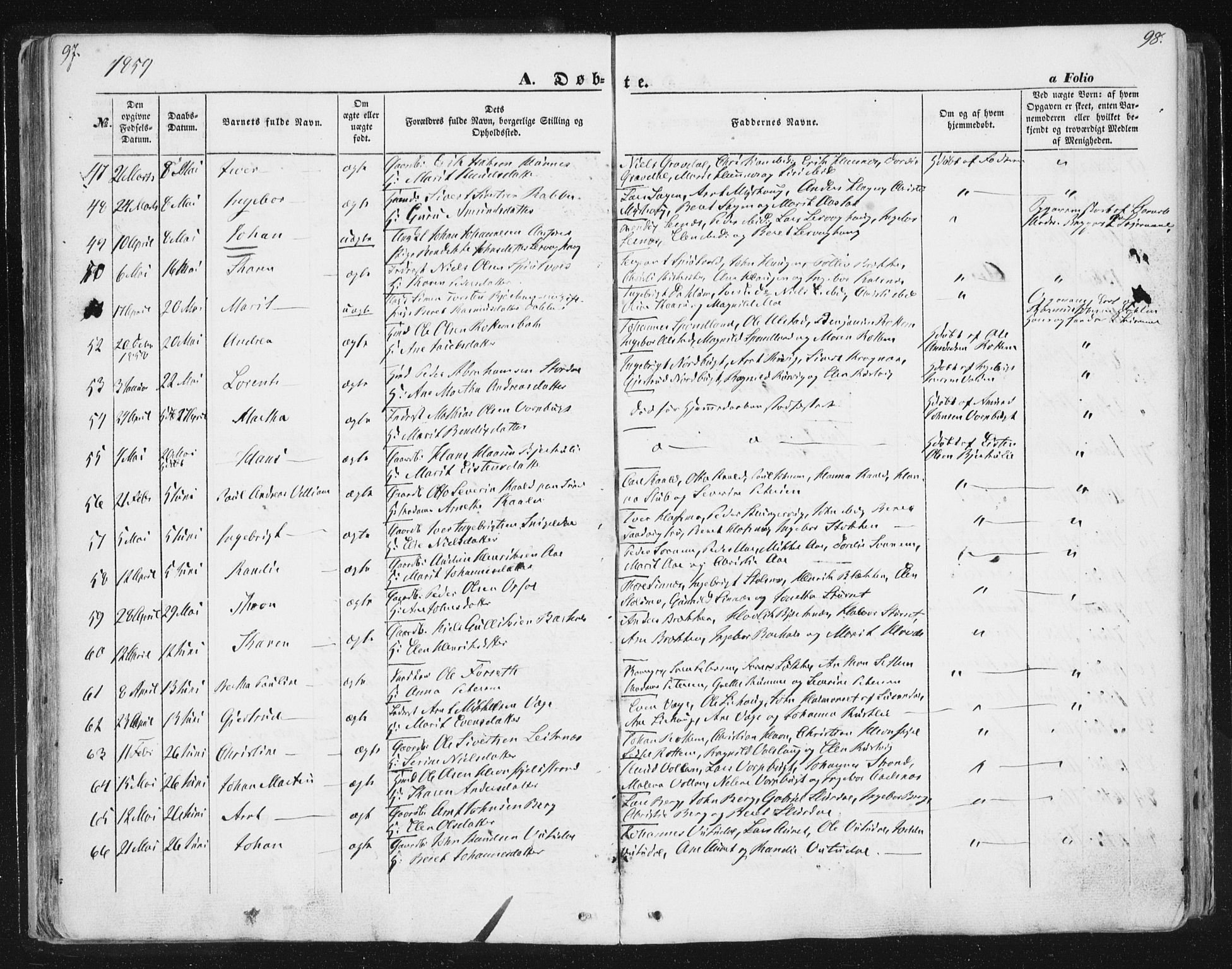 Ministerialprotokoller, klokkerbøker og fødselsregistre - Sør-Trøndelag, SAT/A-1456/630/L0494: Parish register (official) no. 630A07, 1852-1868, p. 97-98