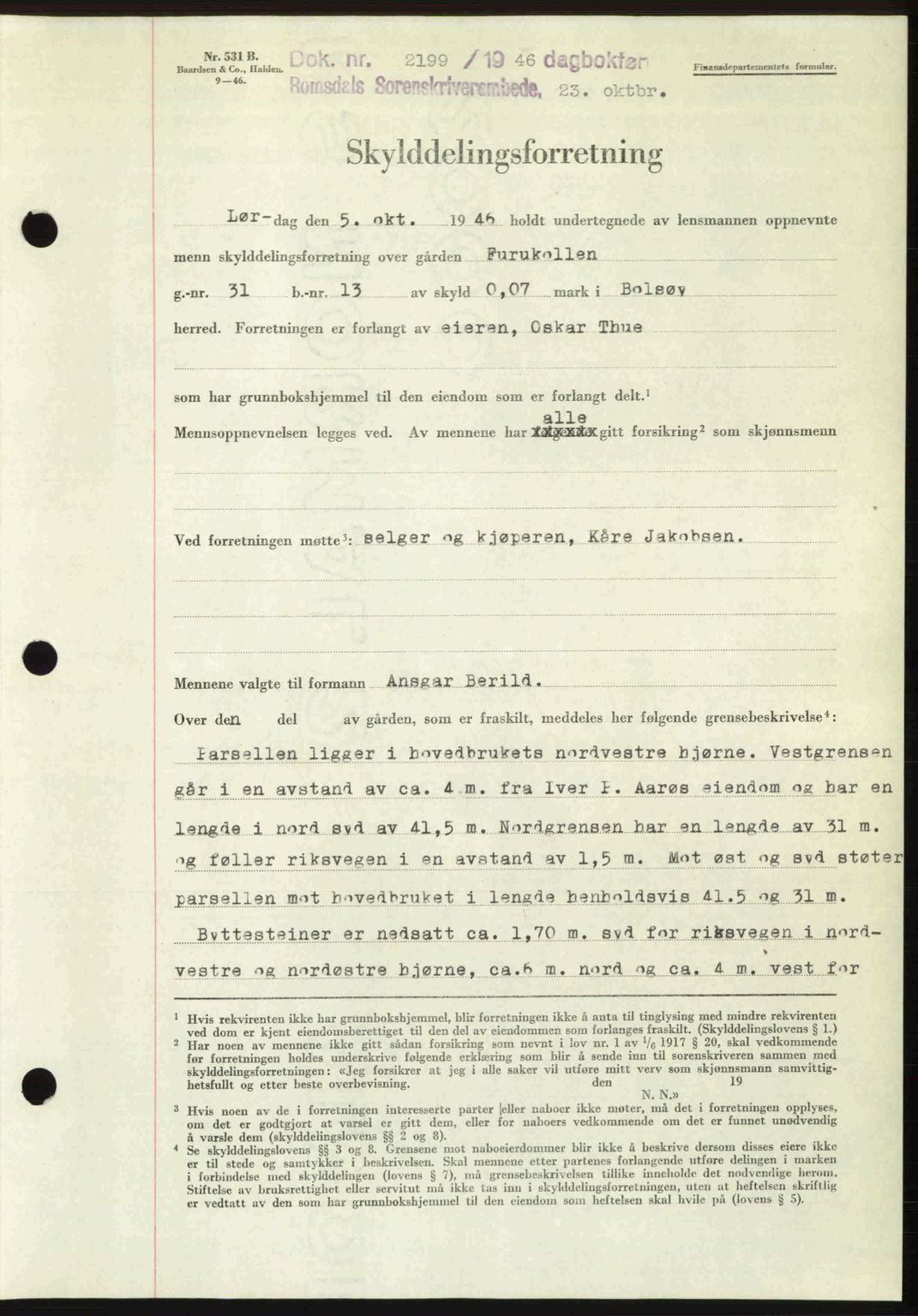 Romsdal sorenskriveri, AV/SAT-A-4149/1/2/2C: Mortgage book no. A21, 1946-1946, Diary no: : 2199/1946