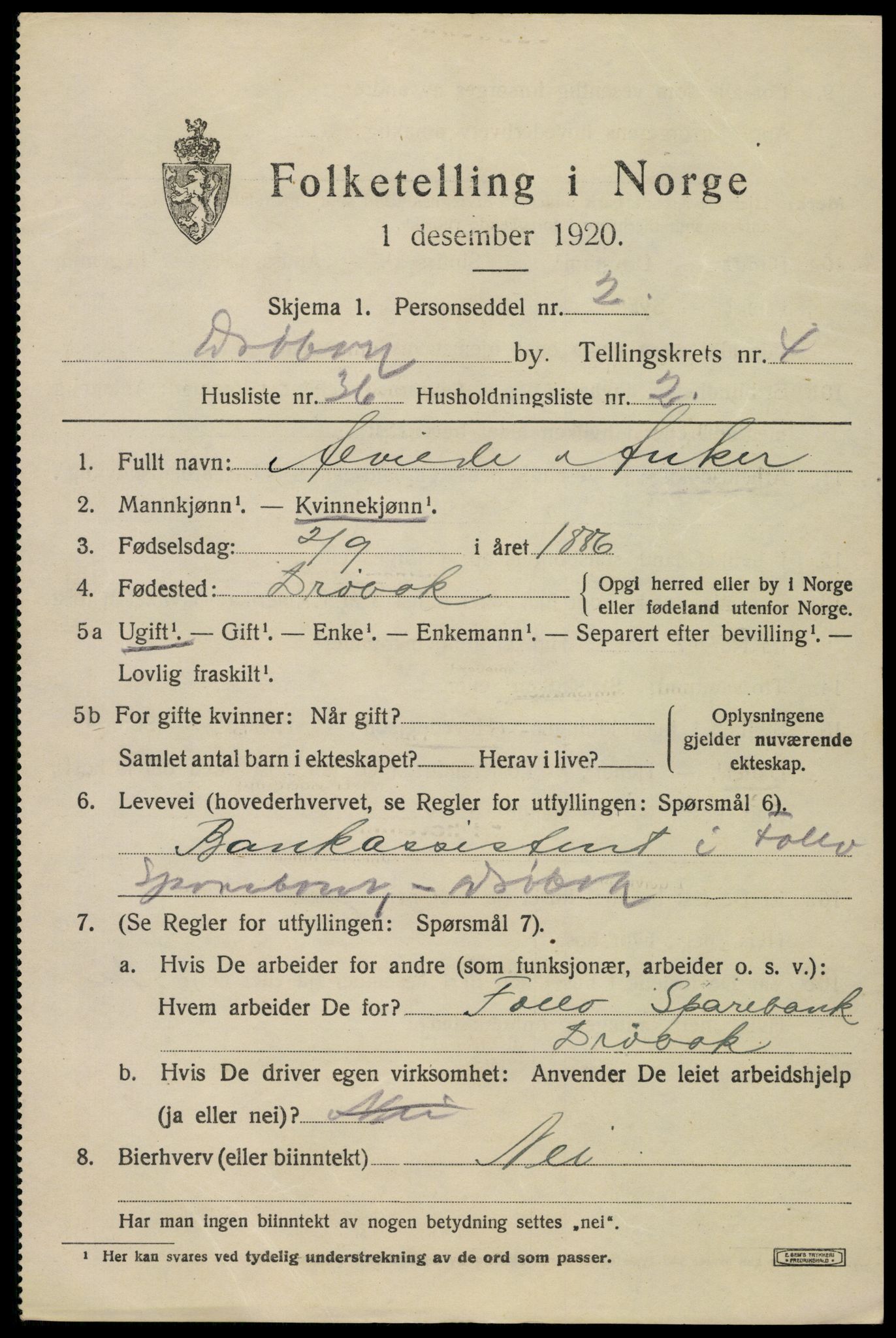 SAO, 1920 census for Drøbak, 1920, p. 4493