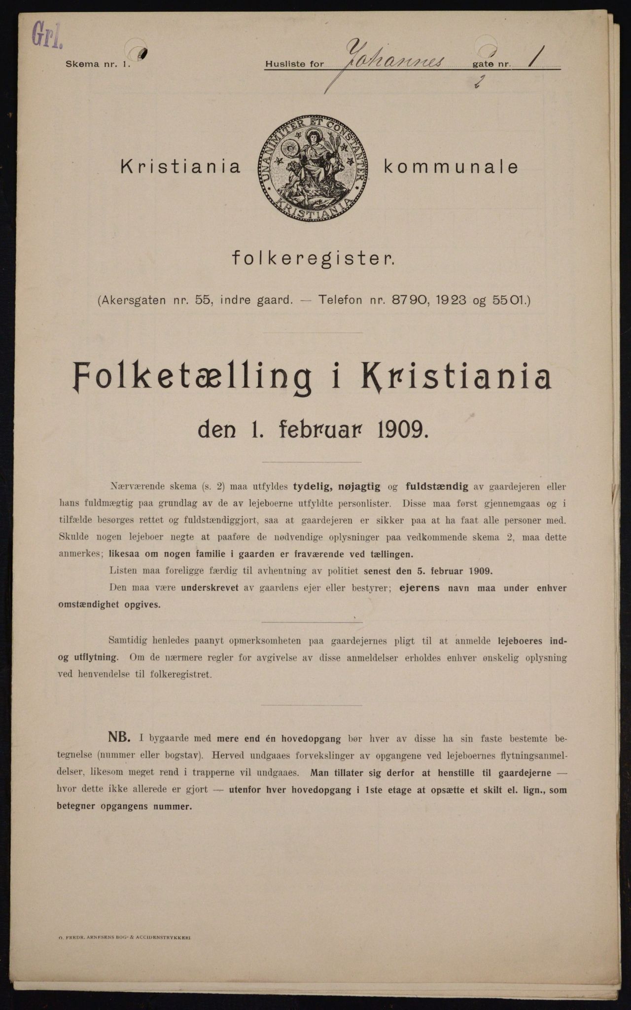 OBA, Municipal Census 1909 for Kristiania, 1909, p. 43056