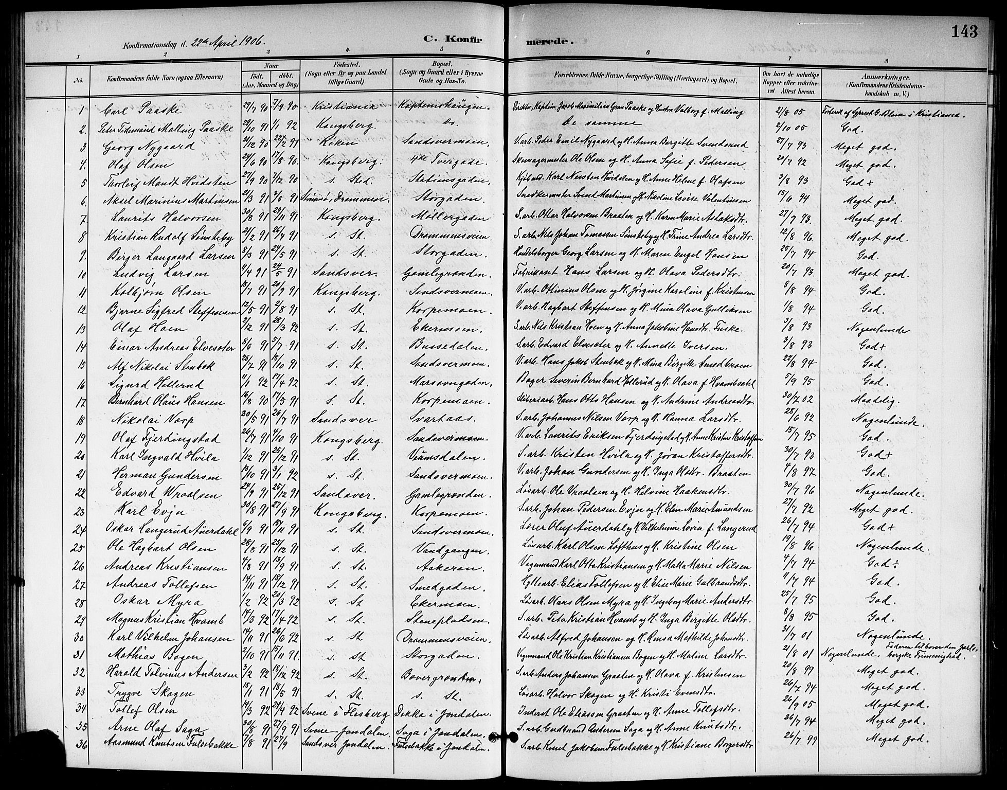 Kongsberg kirkebøker, AV/SAKO-A-22/G/Ga/L0007: Parish register (copy) no. 7, 1901-1915, p. 143