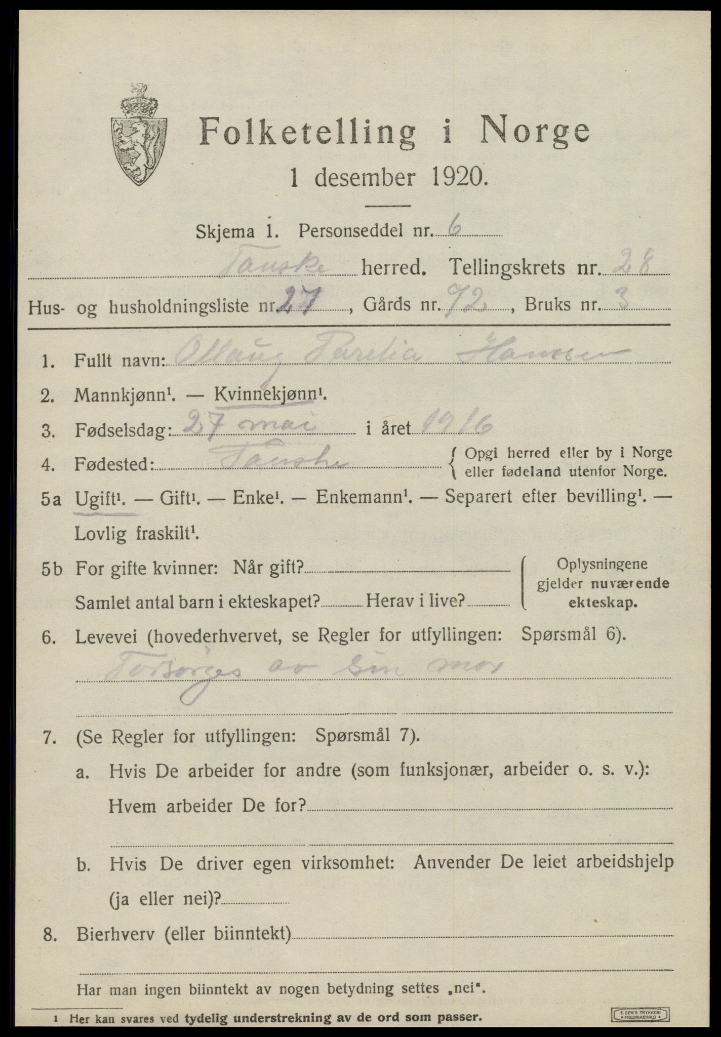 SAT, 1920 census for Fauske, 1920, p. 17392