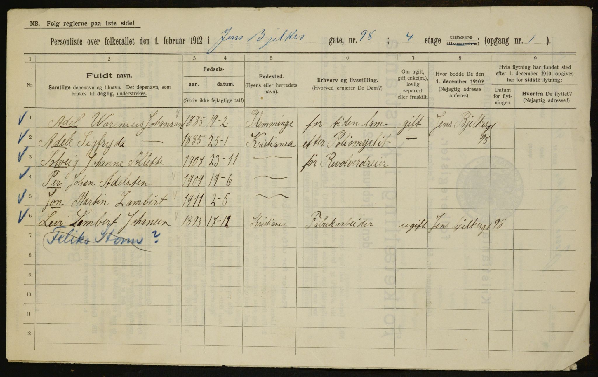 OBA, Municipal Census 1912 for Kristiania, 1912, p. 47098