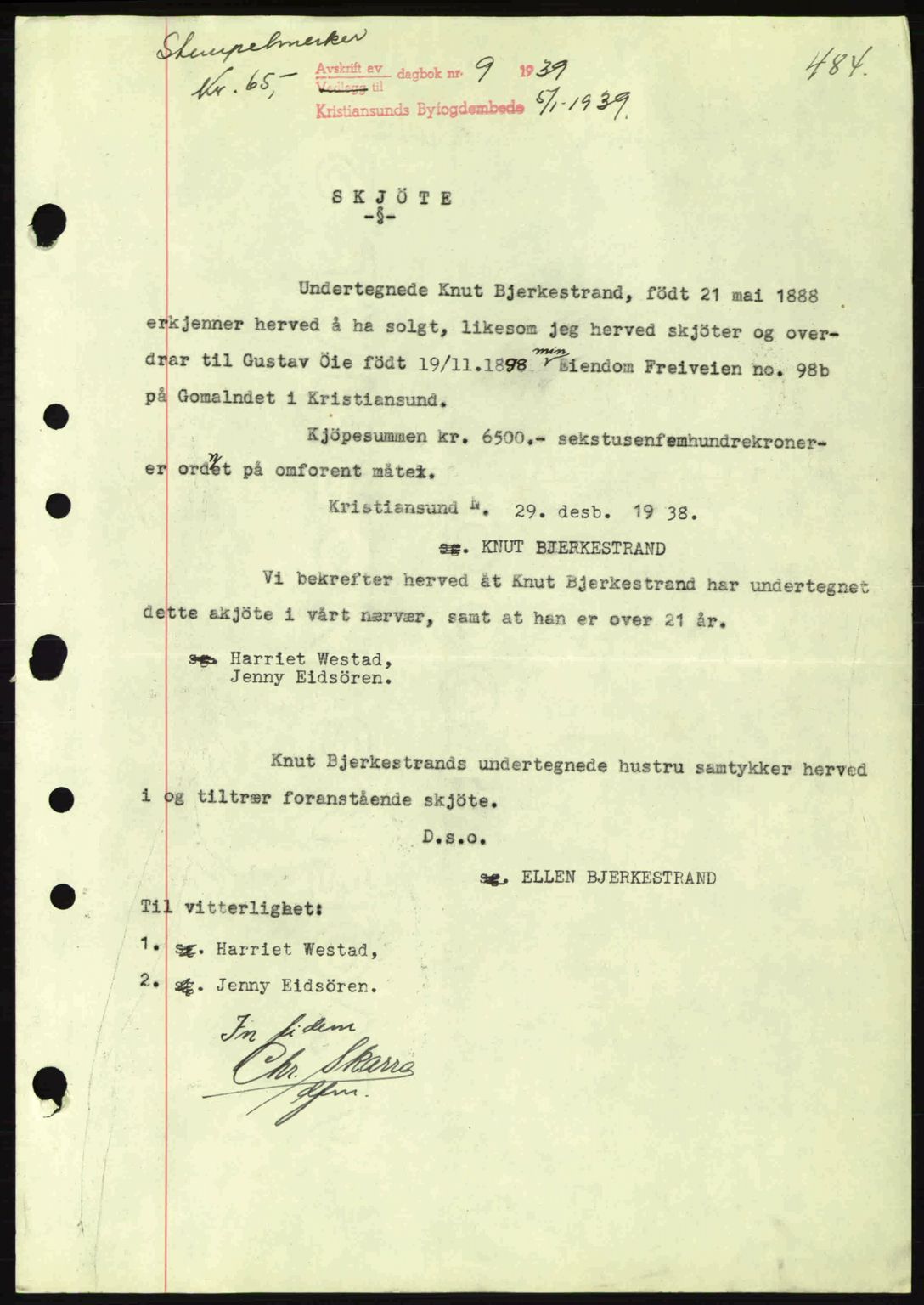 Kristiansund byfogd, AV/SAT-A-4587/A/27: Mortgage book no. 30, 1936-1941, Diary no: : 9/1939