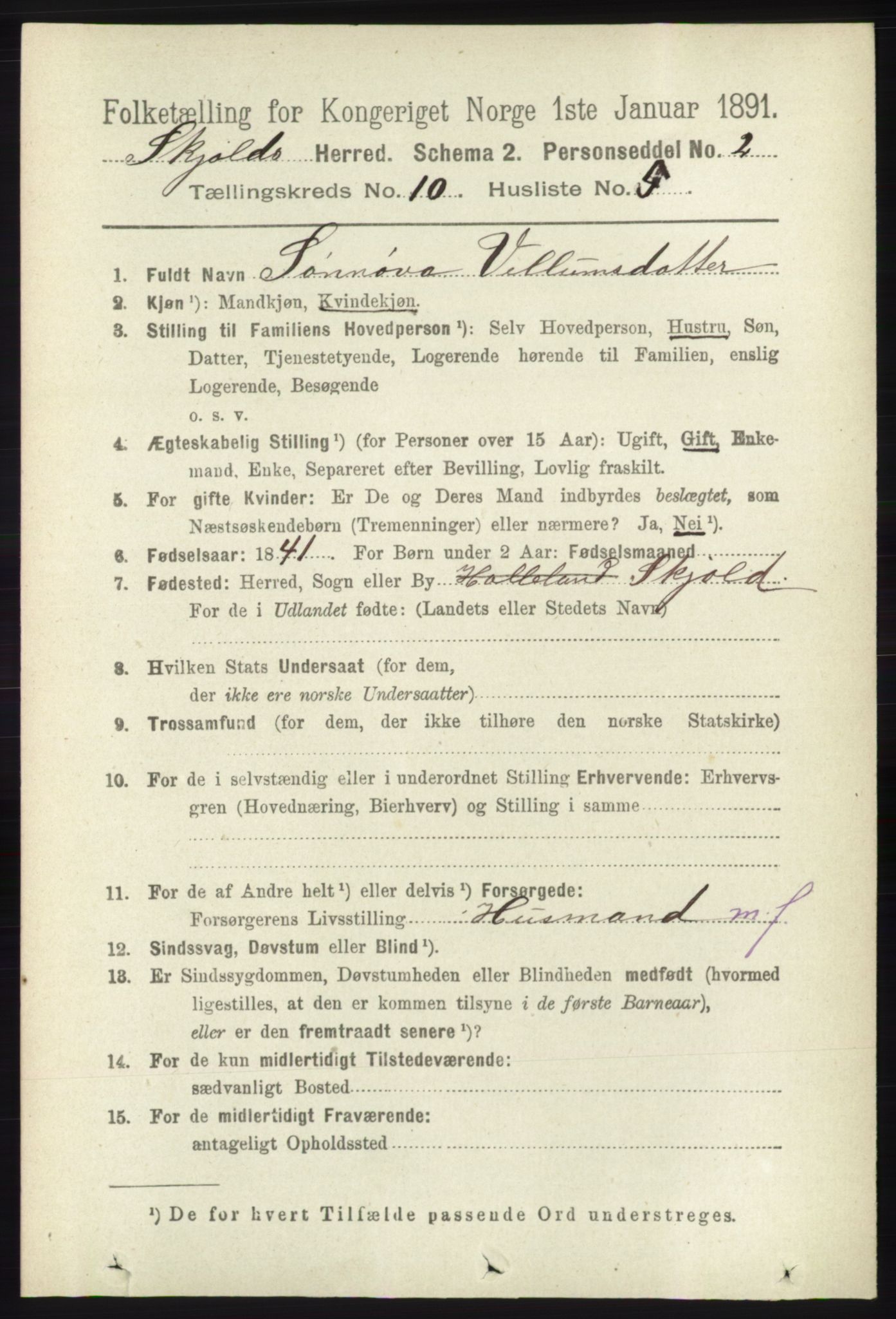 RA, 1891 census for 1154 Skjold, 1891, p. 2025