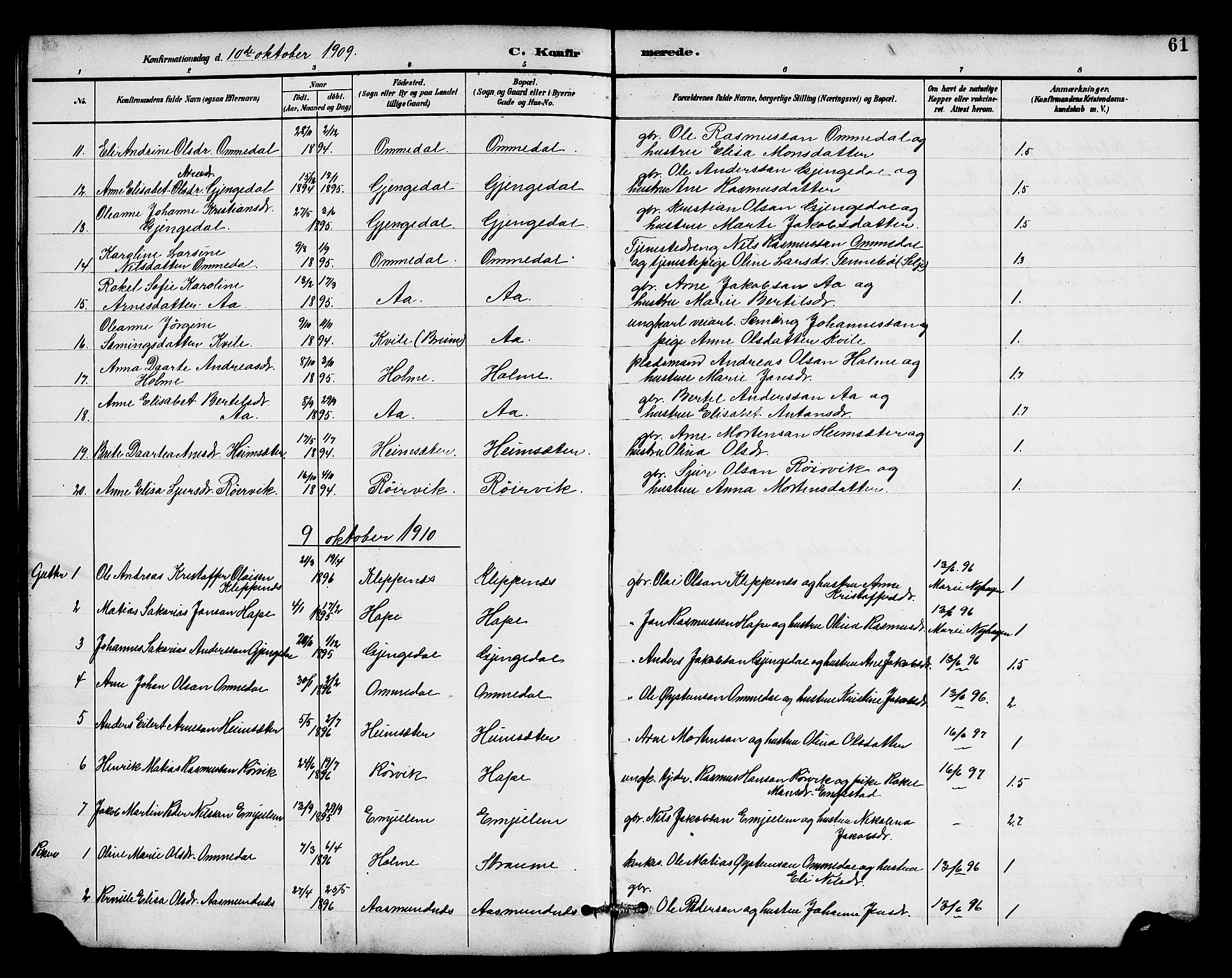 Gloppen sokneprestembete, AV/SAB-A-80101/H/Hab/Habe/L0001: Parish register (copy) no. E 1, 1891-1917, p. 61