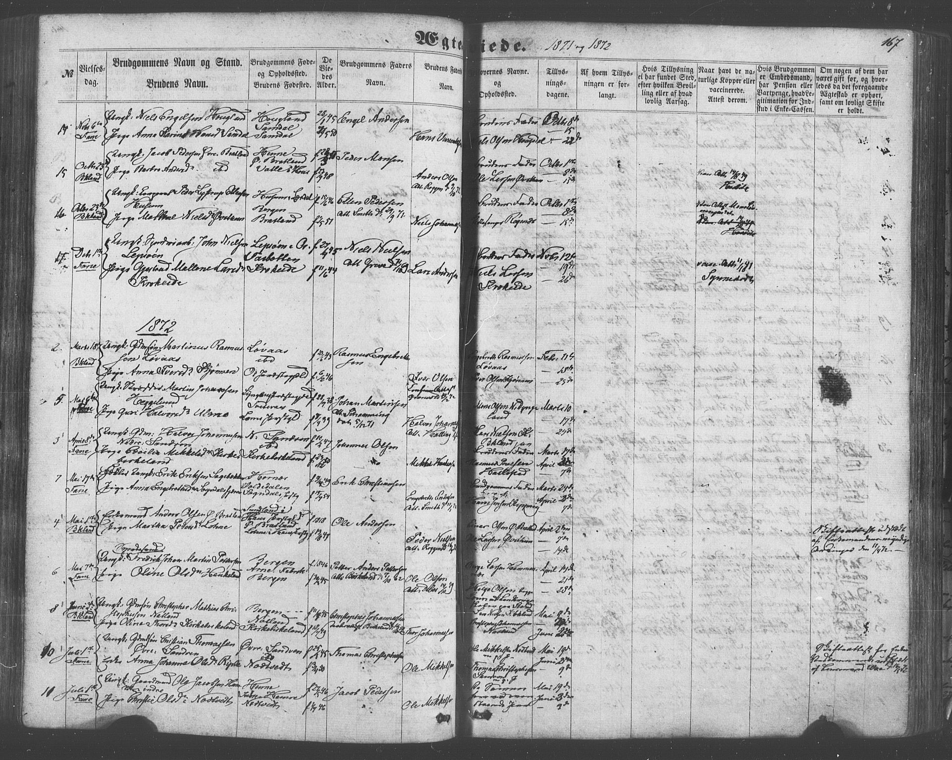 Fana Sokneprestembete, SAB/A-75101/H/Haa/Haaa/L0012: Parish register (official) no. A 12, 1862-1878, p. 167