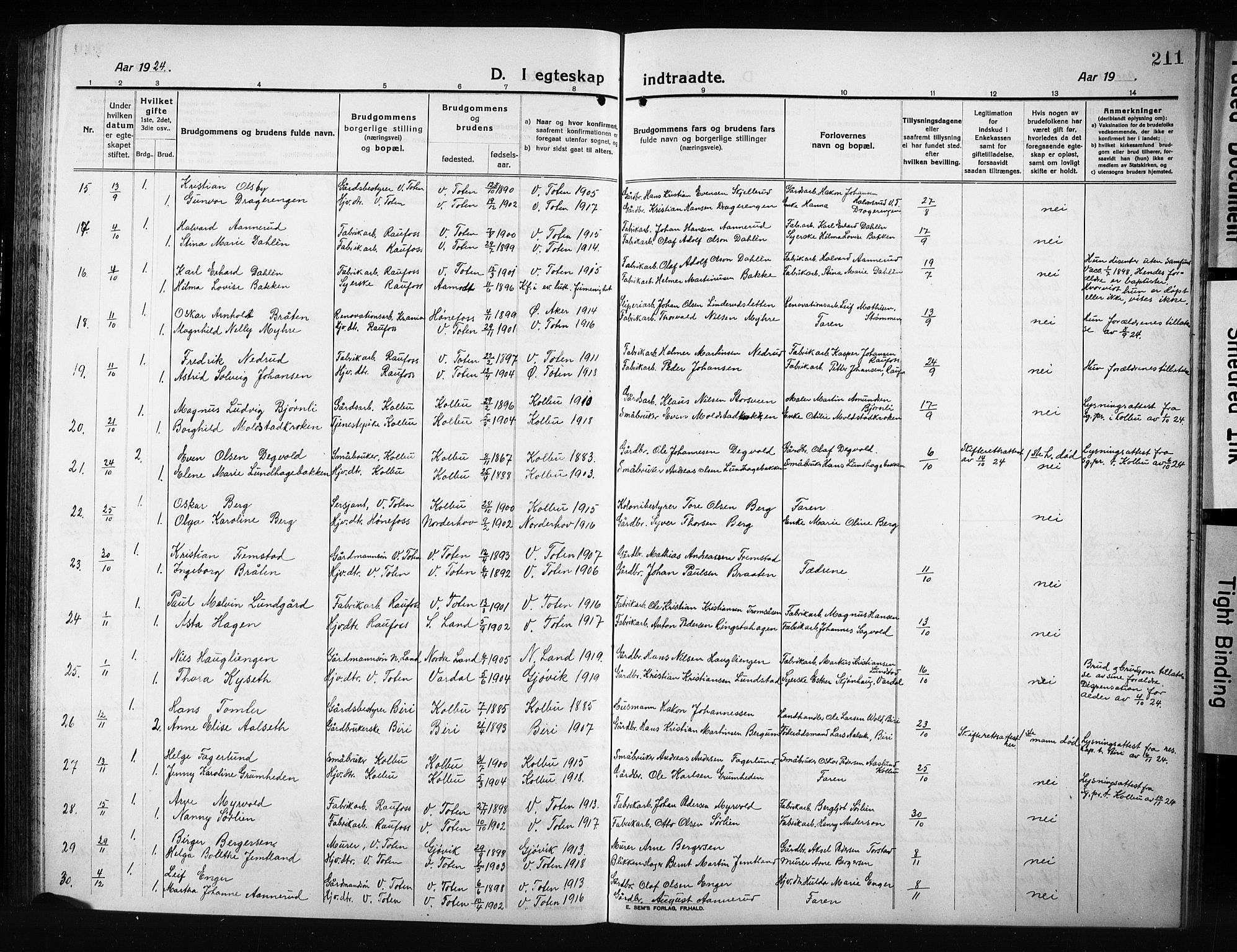 Vestre Toten prestekontor, SAH/PREST-108/H/Ha/Hab/L0012: Parish register (copy) no. 12, 1909-1928, p. 211