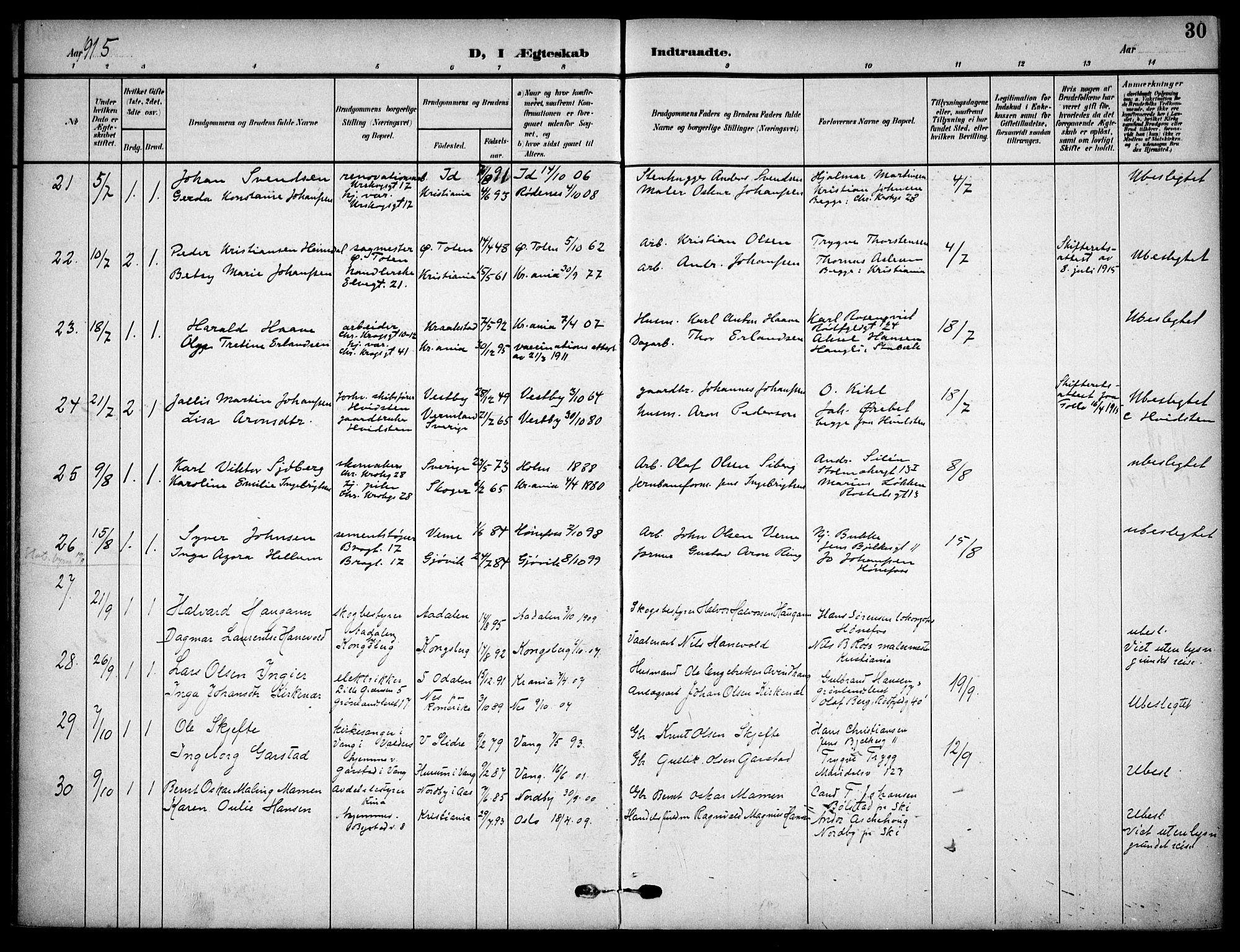 Vaterland prestekontor Kirkebøker, AV/SAO-A-10880/F/Fa/L0002: Parish register (official) no. 2, 1907-1921, p. 30