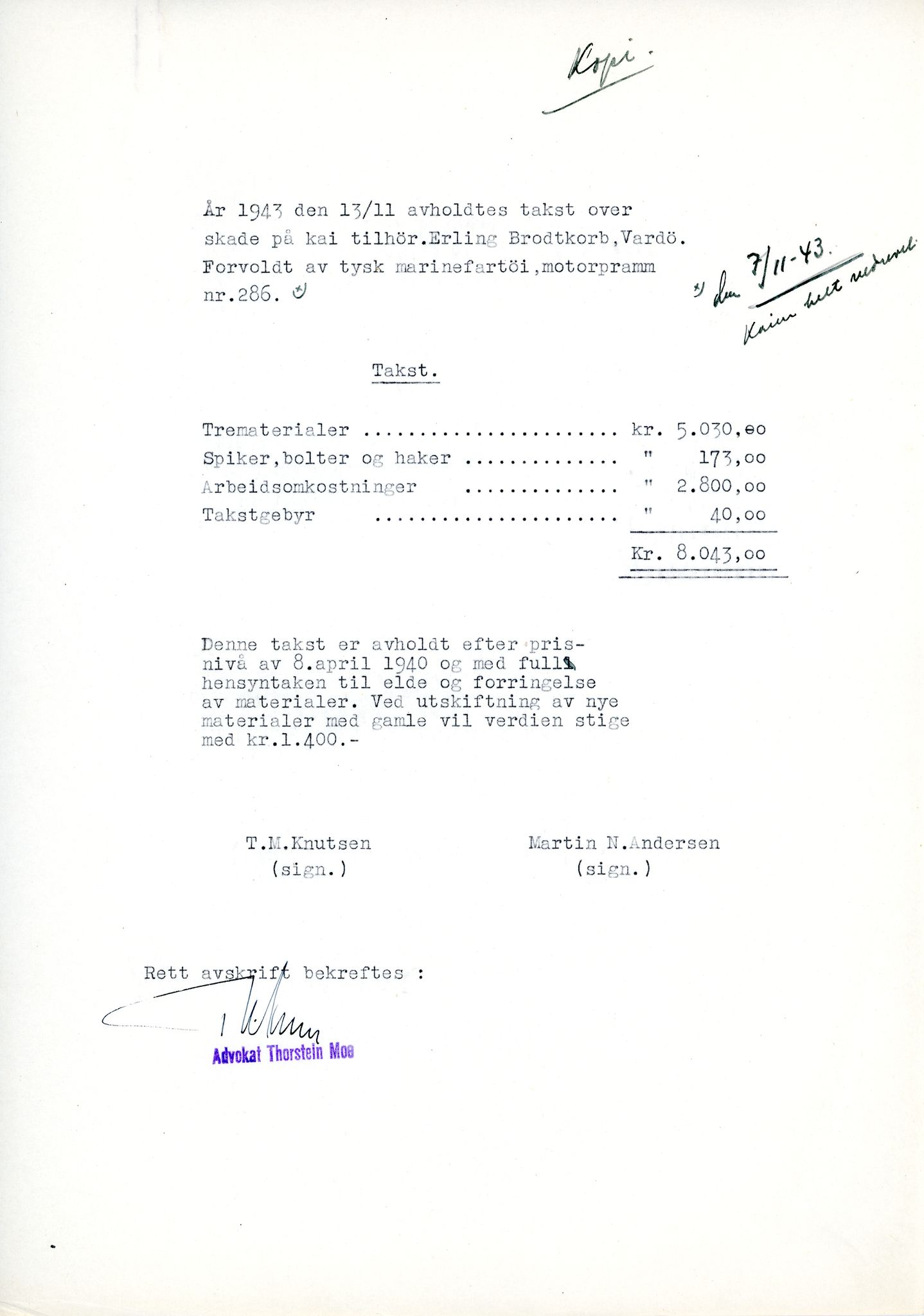 Erling Brodtkorb, Vardø, VAMU/A-0065/D/L0001/0009: Saksdokumenter / Wechrmacht. Ubetalte regninger etter Wechrmacht, 1940-1945