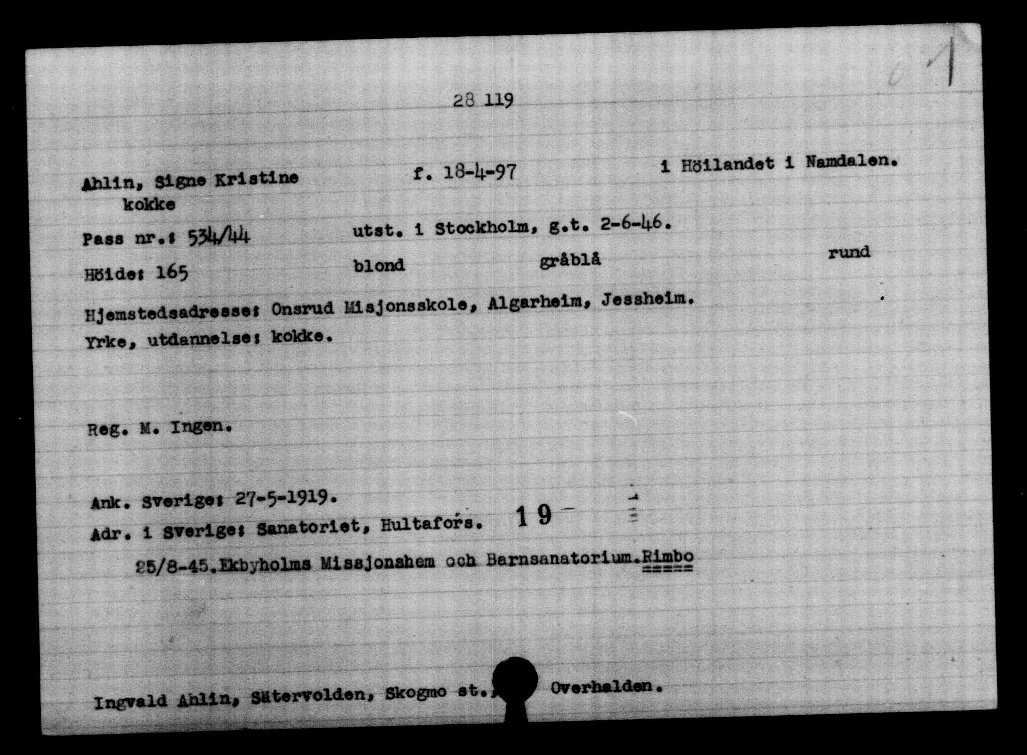 Den Kgl. Norske Legasjons Flyktningskontor, AV/RA-S-6753/V/Va/L0011: Kjesäterkartoteket.  Flyktningenr. 25300-28349, 1940-1945, p. 3001