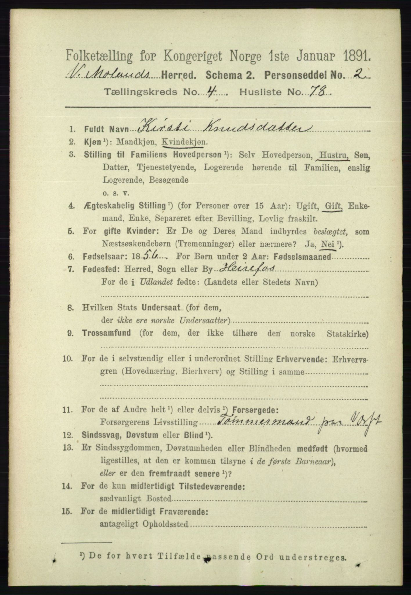 RA, 1891 census for 0926 Vestre Moland, 1891, p. 1743