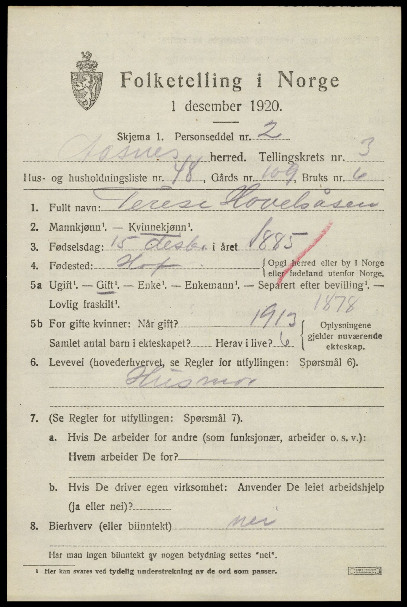 SAH, 1920 census for Åsnes, 1920, p. 4356