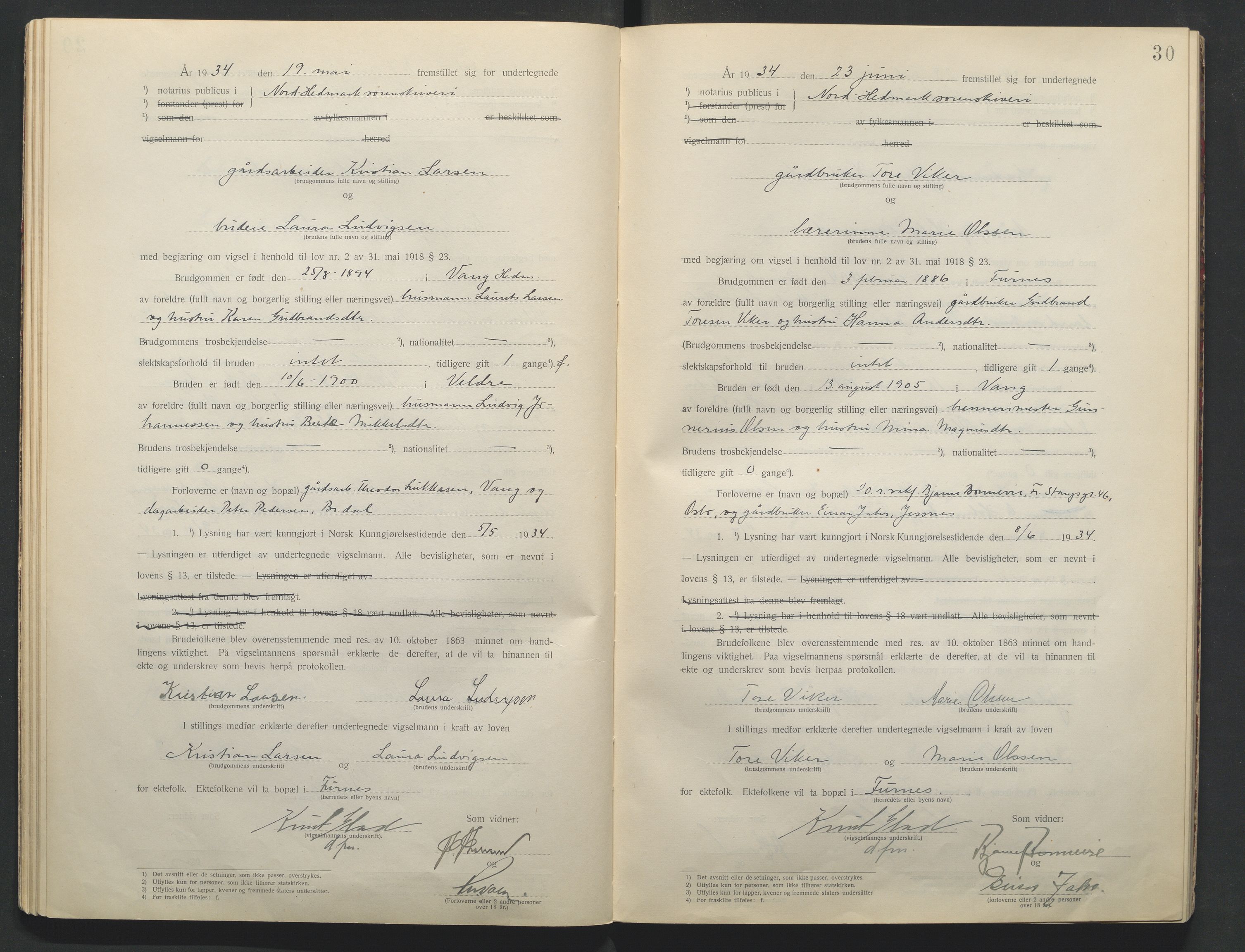Nord-Hedmark sorenskriveri, AV/SAH-TING-012/L/Lc/L0001/0001: Vigselsprotokoller / Vigselsprotokoll, 1920-1942, p. 30