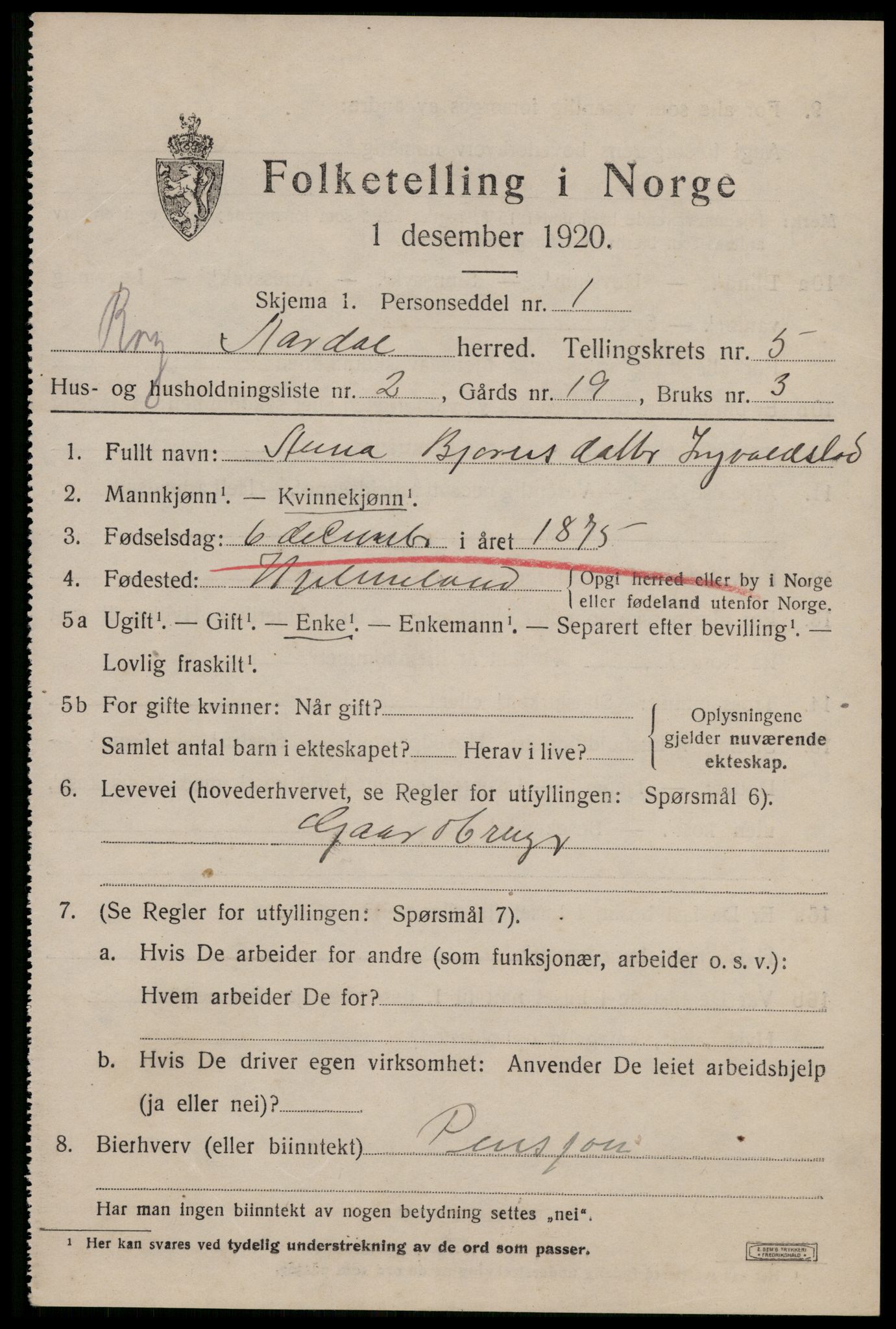 SAST, 1920 census for Årdal, 1920, p. 1478