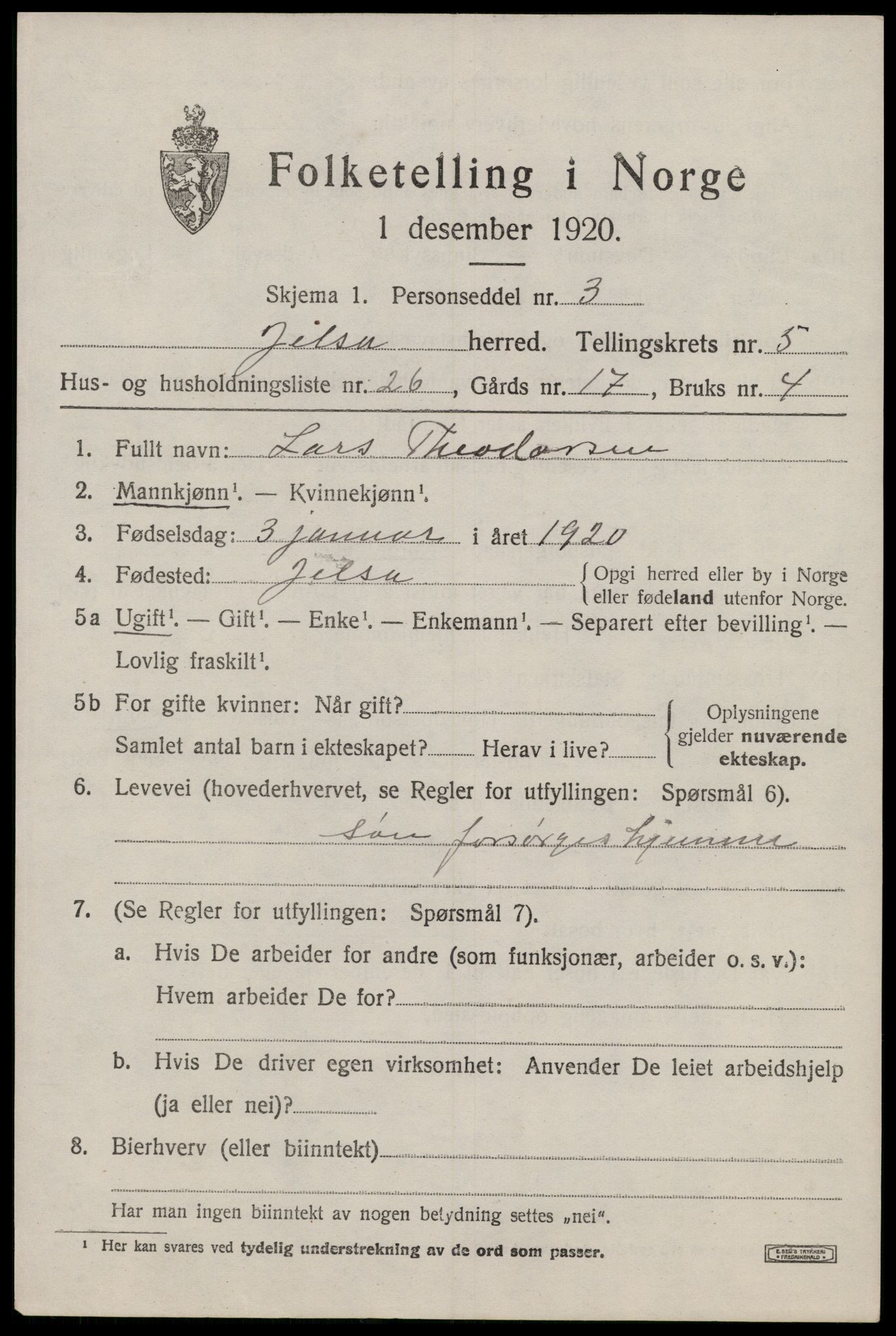 SAST, 1920 census for Jelsa, 1920, p. 1644