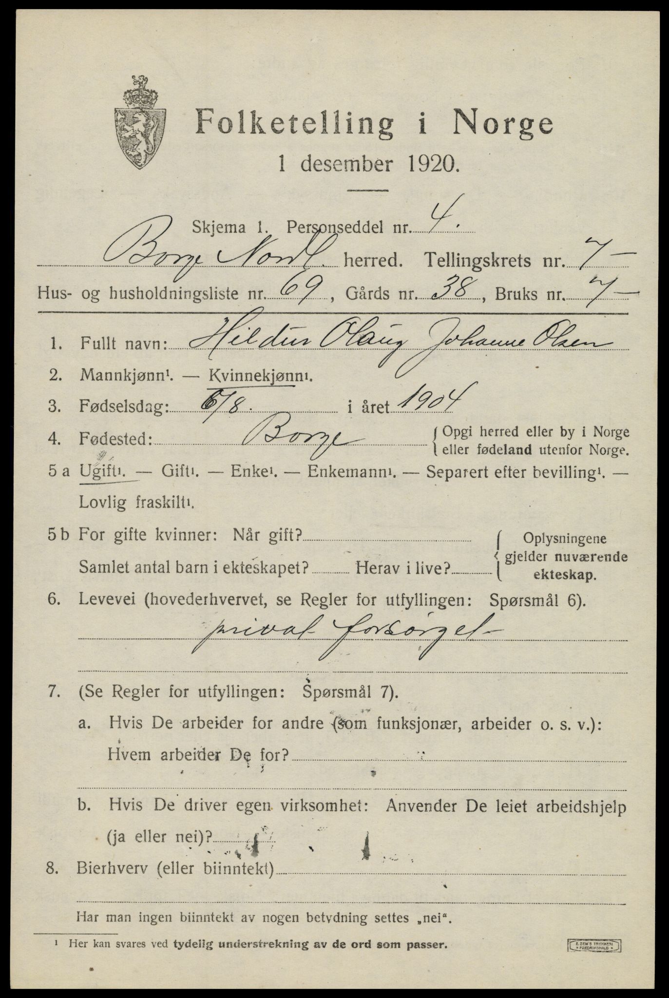SAT, 1920 census for Borge, 1920, p. 7197