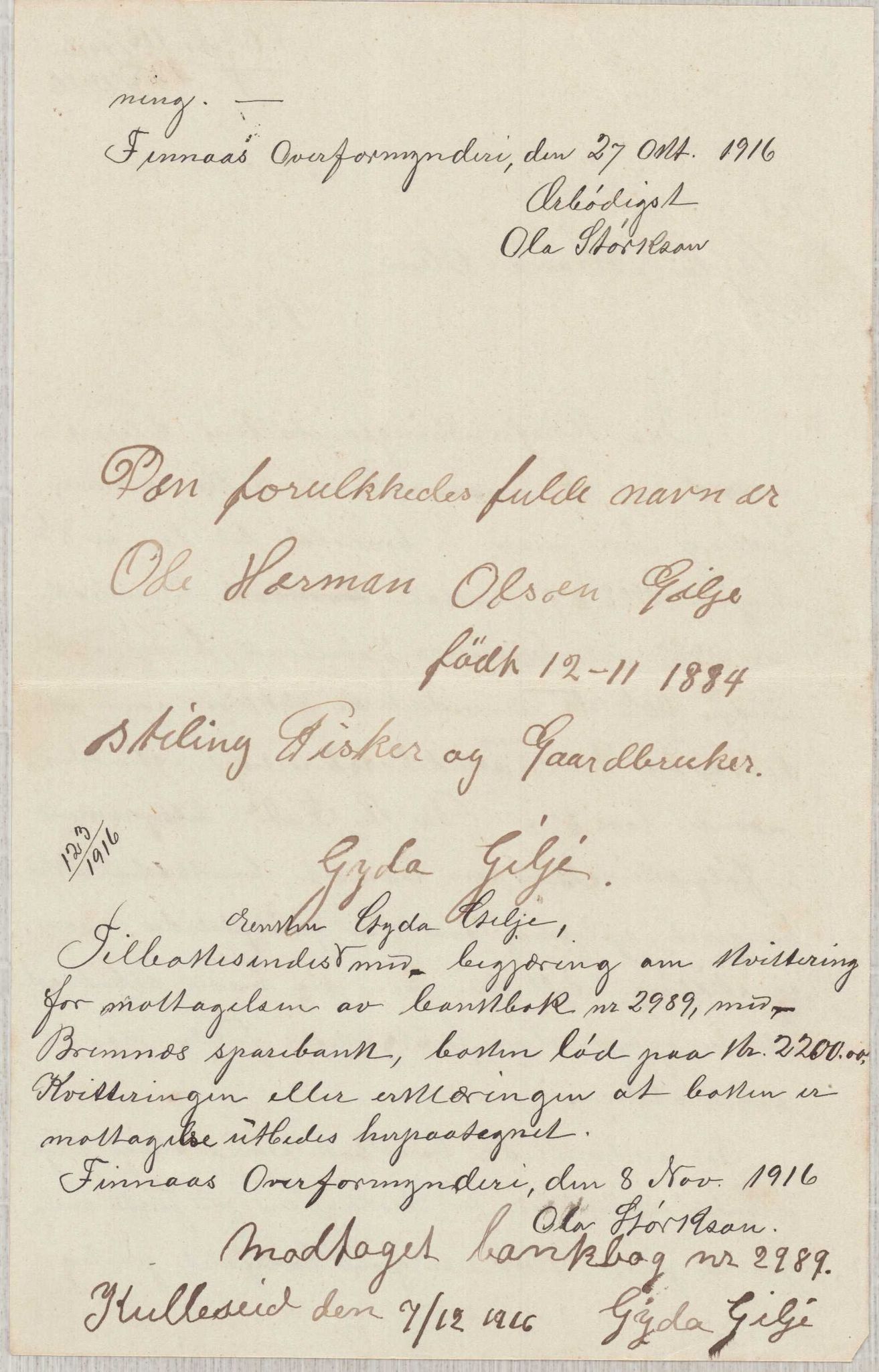 Finnaas kommune. Overformynderiet, IKAH/1218a-812/D/Da/Daa/L0003/0001: Kronologisk ordna korrespondanse / Kronologisk ordna korrespondanse, 1914-1916, p. 136