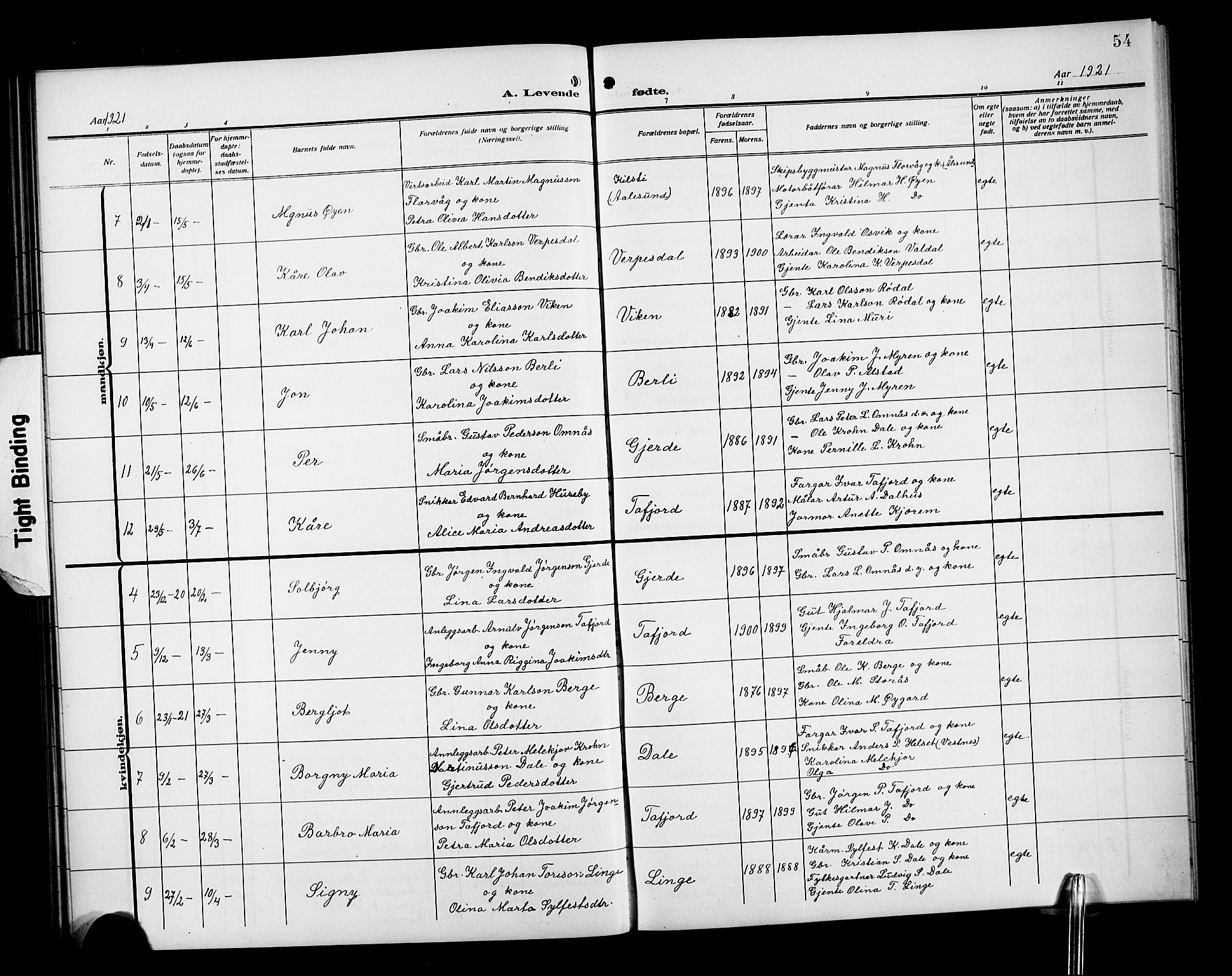 Ministerialprotokoller, klokkerbøker og fødselsregistre - Møre og Romsdal, SAT/A-1454/519/L0265: Parish register (copy) no. 519C06, 1911-1921, p. 54