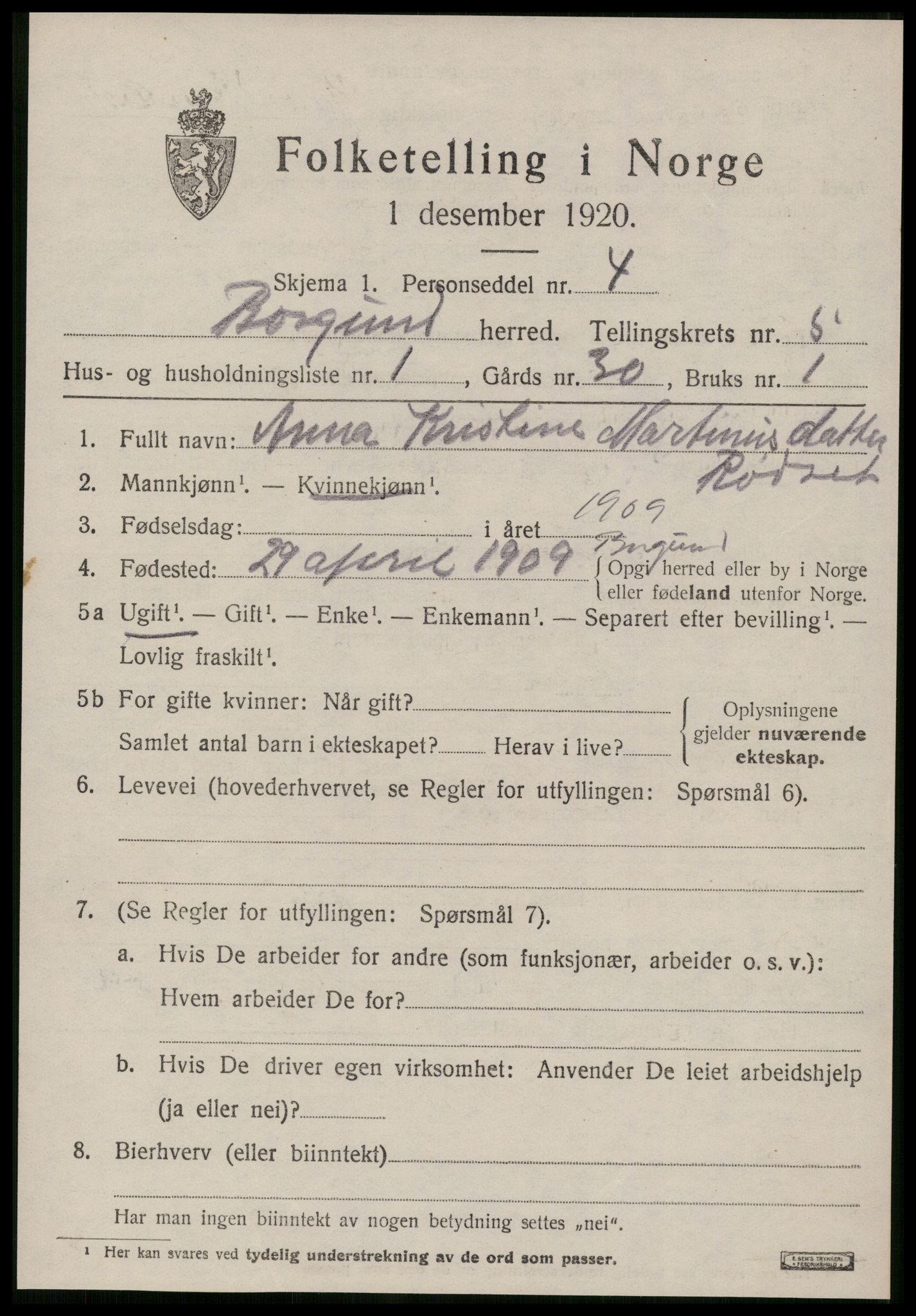 SAT, 1920 census for Borgund, 1920, p. 4616