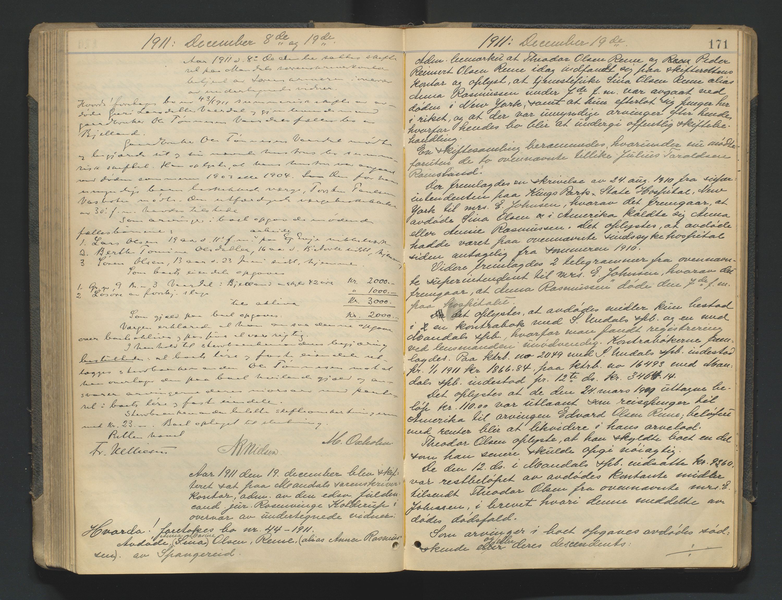 Mandal sorenskriveri, AV/SAK-1221-0005/001/H/Hc/L0081: Skifteforhandlingsprotokoll nr 13, 1909-1913, p. 171