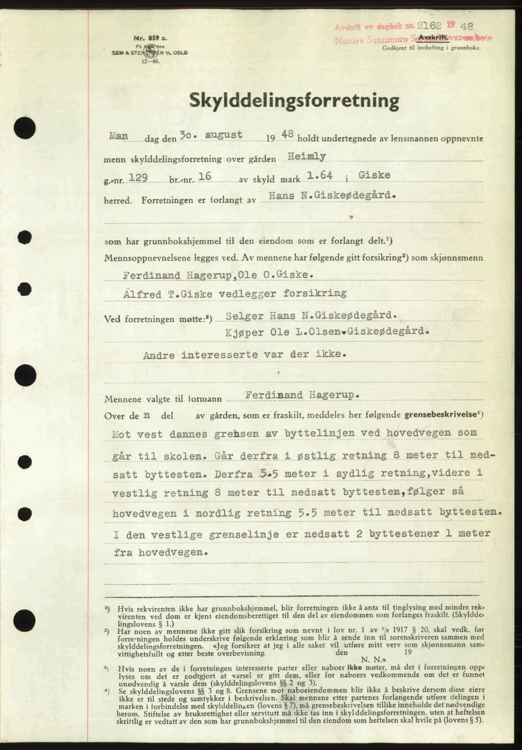 Nordre Sunnmøre sorenskriveri, AV/SAT-A-0006/1/2/2C/2Ca: Mortgage book no. A29, 1948-1949, Diary no: : 2162/1948