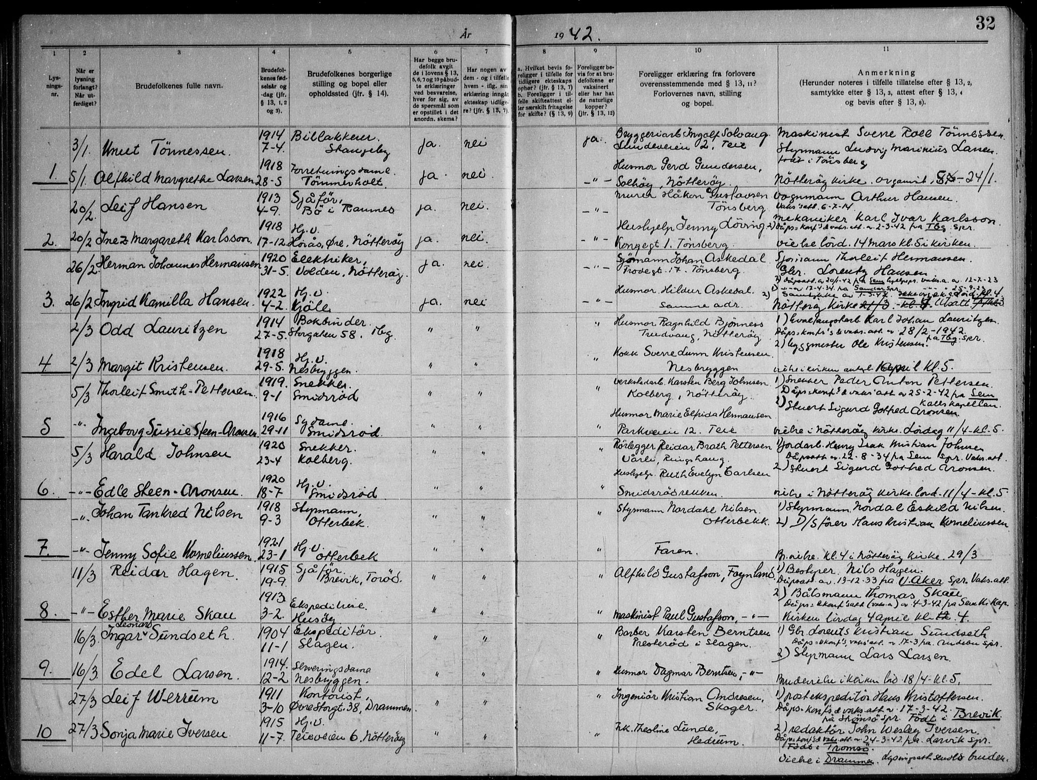 Nøtterøy kirkebøker, AV/SAKO-A-354/H/Ha/L0002: Banns register no. 2, 1937-1952, p. 32