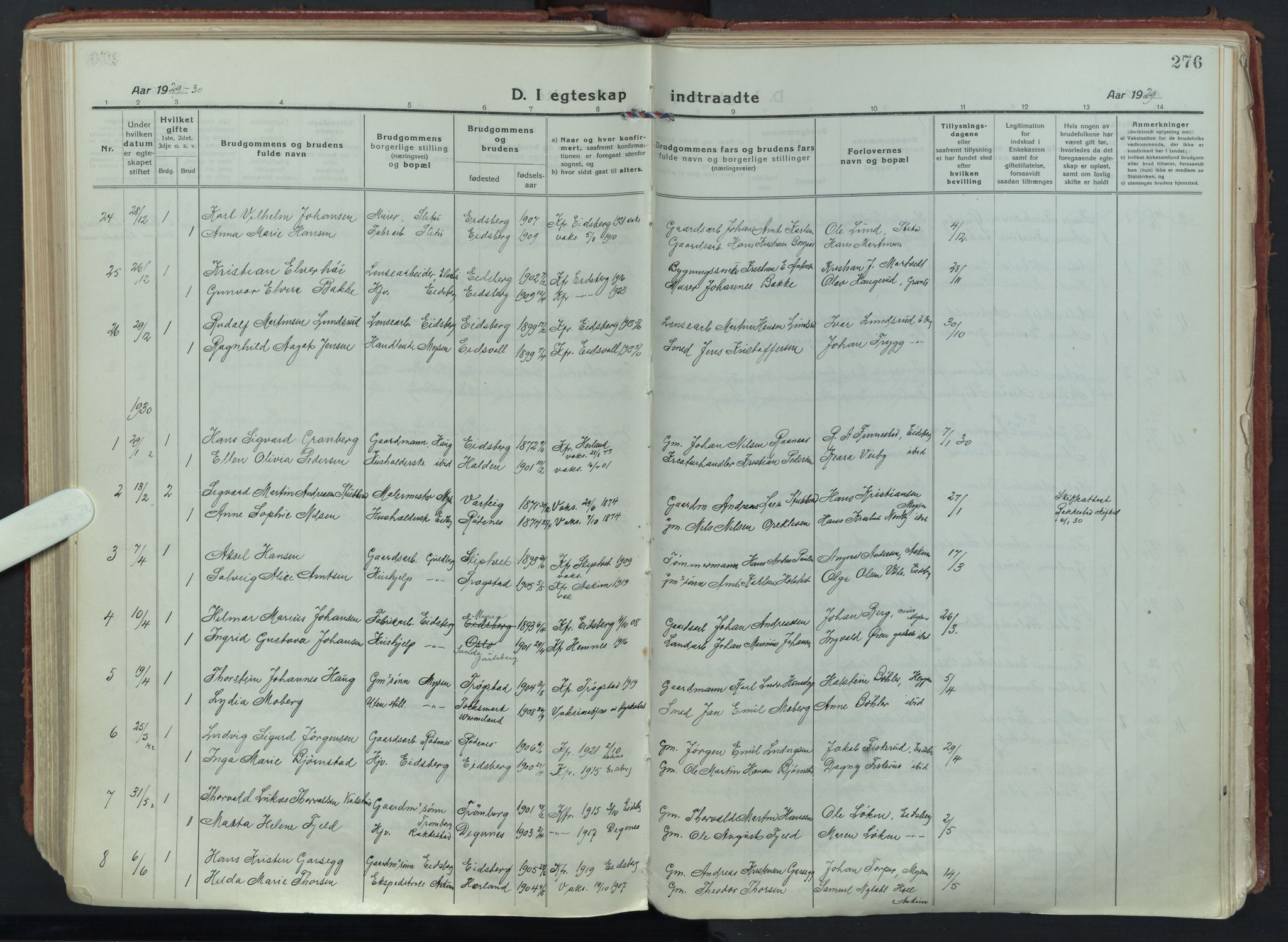 Eidsberg prestekontor Kirkebøker, SAO/A-10905/F/Fa/L0015: Parish register (official) no. I 15, 1920-1937, p. 276