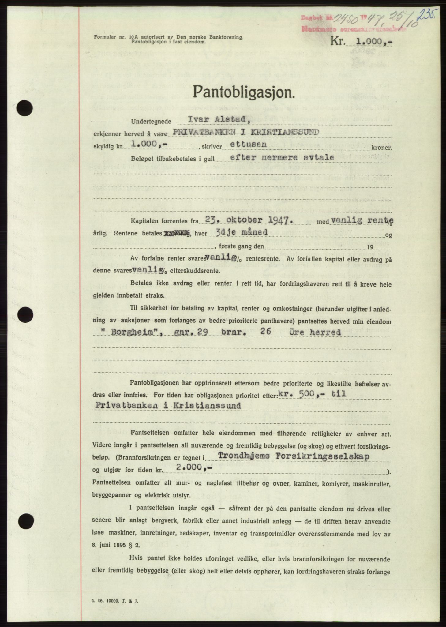 Nordmøre sorenskriveri, AV/SAT-A-4132/1/2/2Ca: Mortgage book no. B97, 1947-1948, Diary no: : 2450/1947