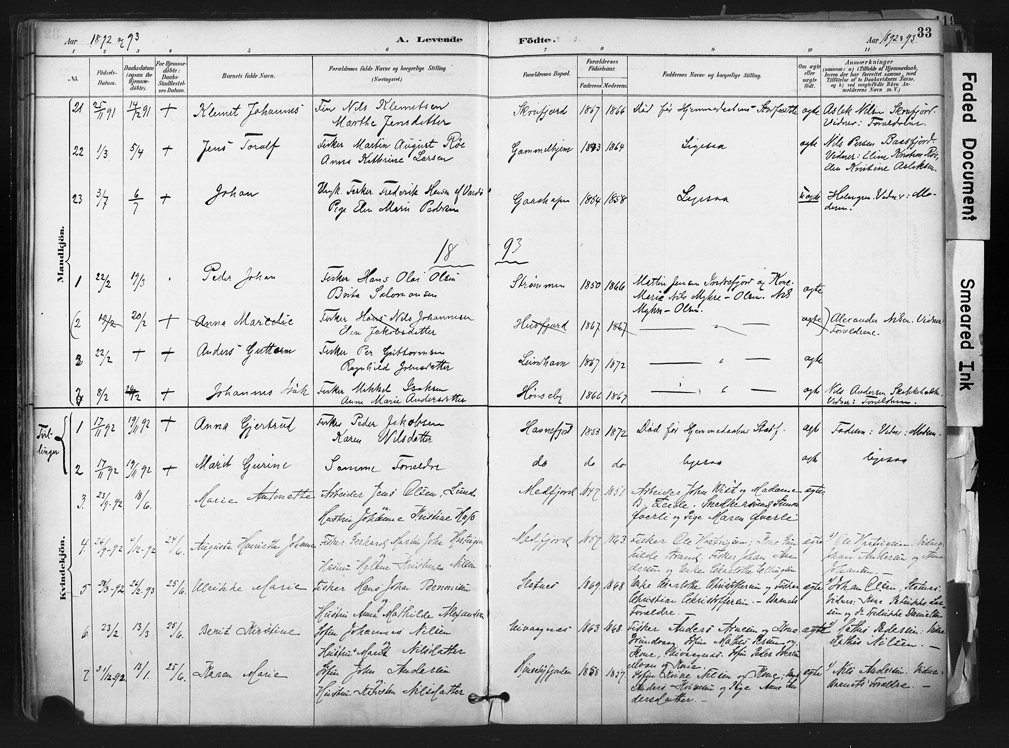 Hammerfest sokneprestkontor, SATØ/S-1347: Parish register (official) no. 11 /1, 1885-1897, p. 33