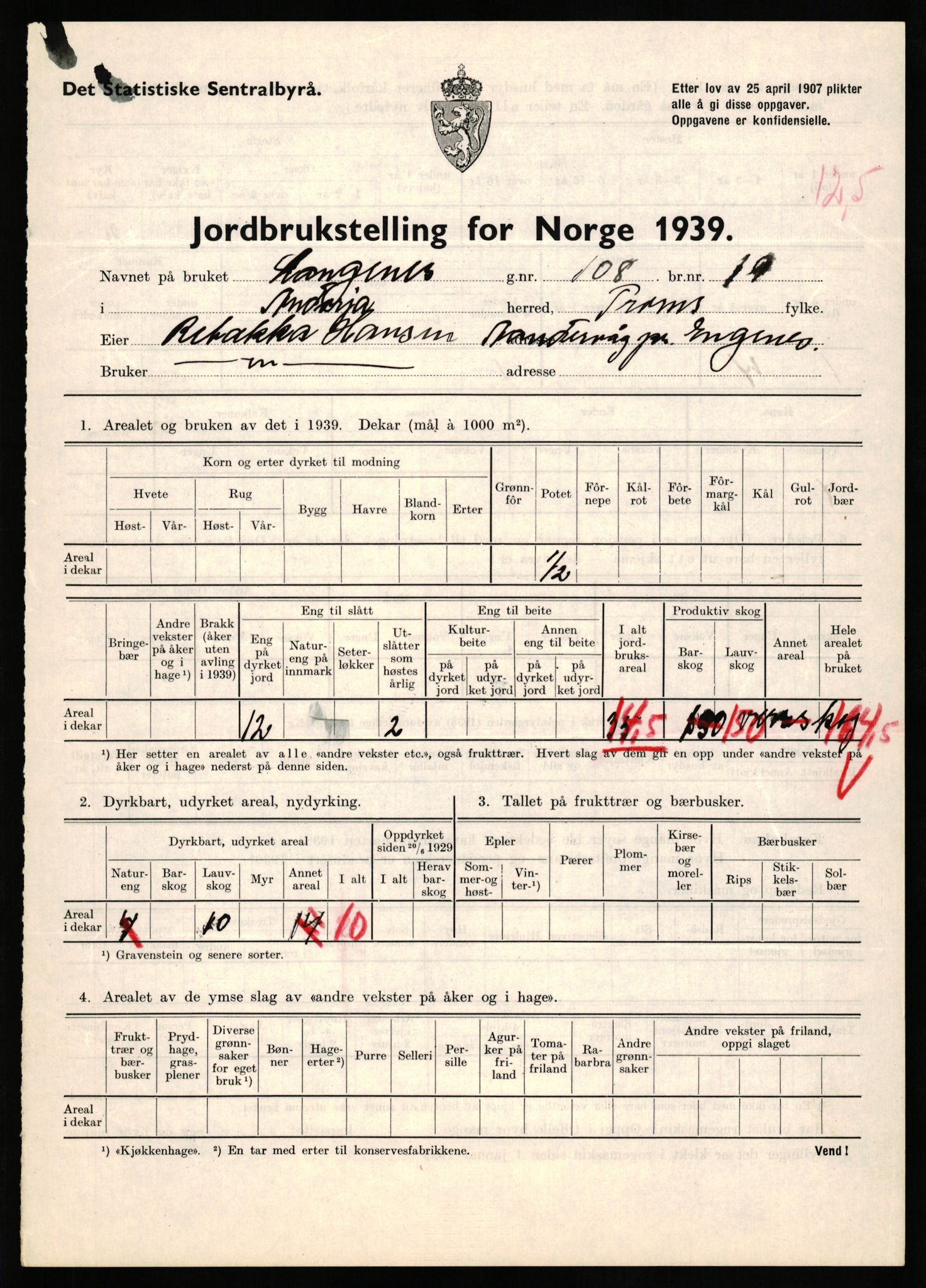 Statistisk sentralbyrå, Næringsøkonomiske emner, Jordbruk, skogbruk, jakt, fiske og fangst, AV/RA-S-2234/G/Gb/L0339: Troms: Andørja, Astafjord og Lavangen, 1939, p. 518