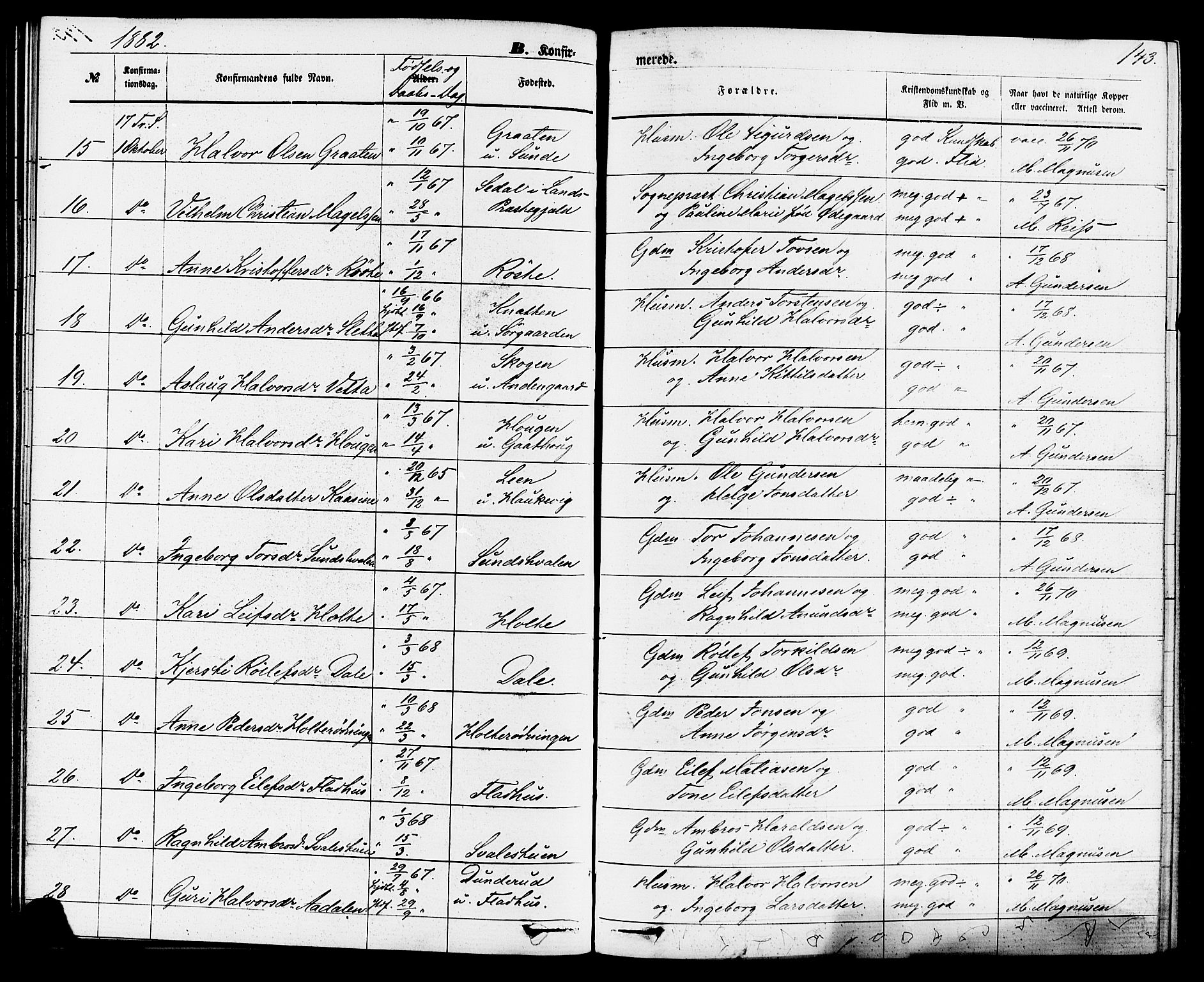 Sauherad kirkebøker, AV/SAKO-A-298/F/Fa/L0008: Parish register (official) no. I 8, 1873-1886, p. 143