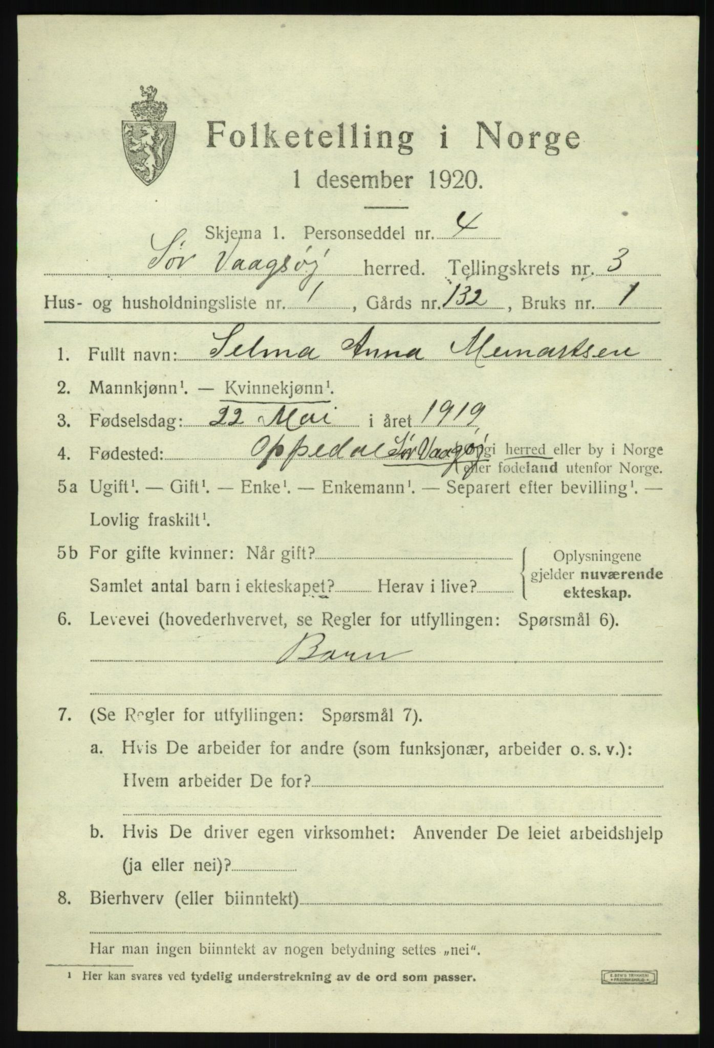 SAB, 1920 census for Sør-Vågsøy, 1920, p. 1508