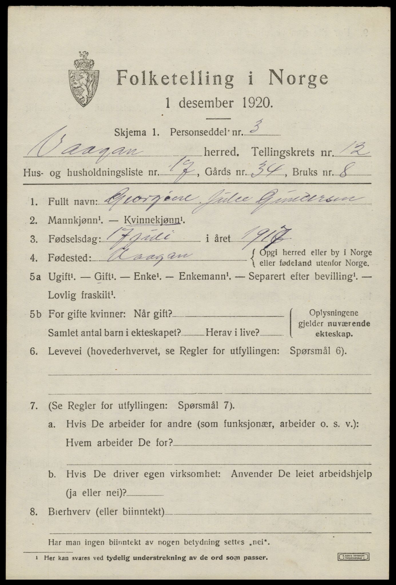 SAT, 1920 census for Vågan, 1920, p. 10185