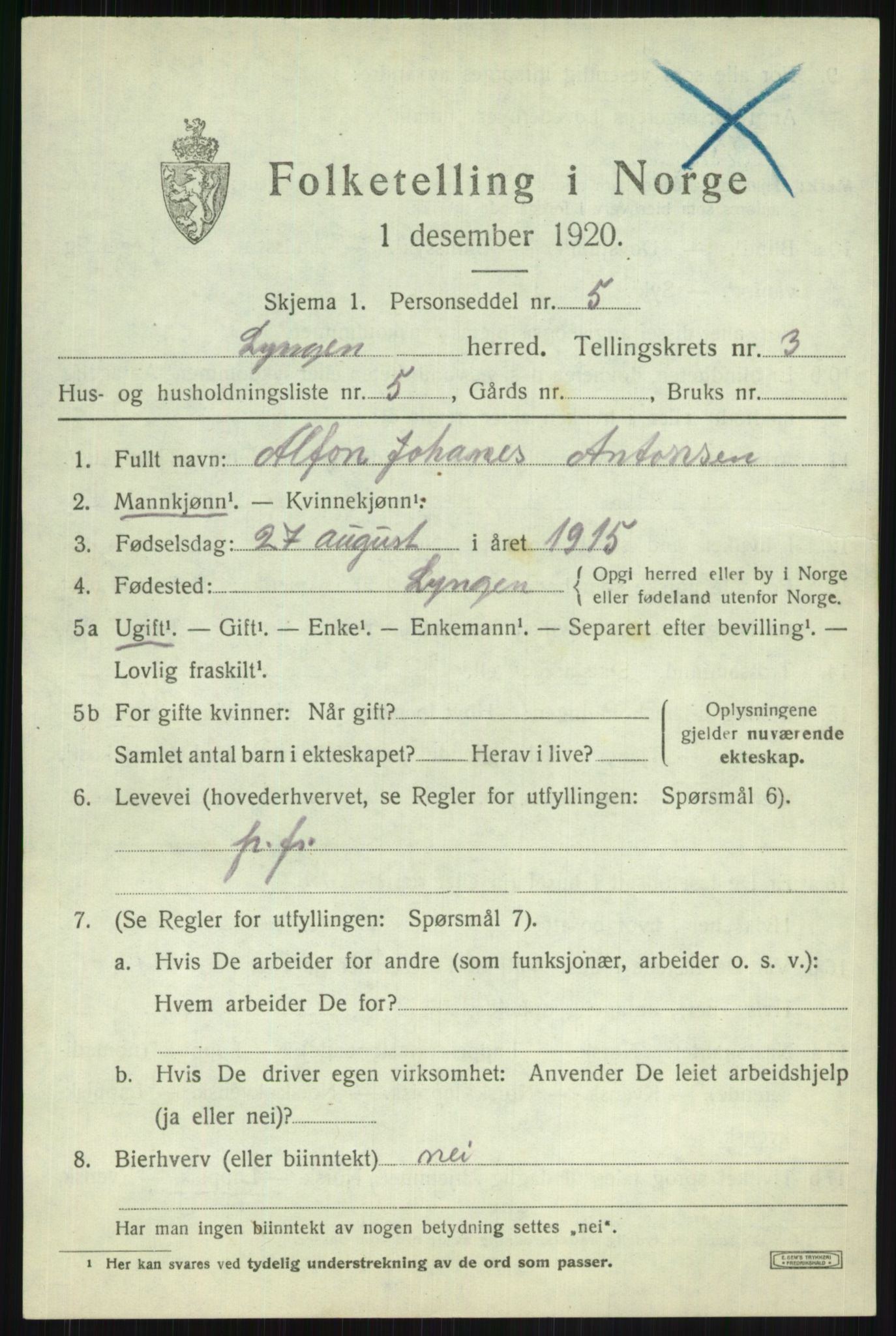 SATØ, 1920 census for Lyngen, 1920, p. 3537