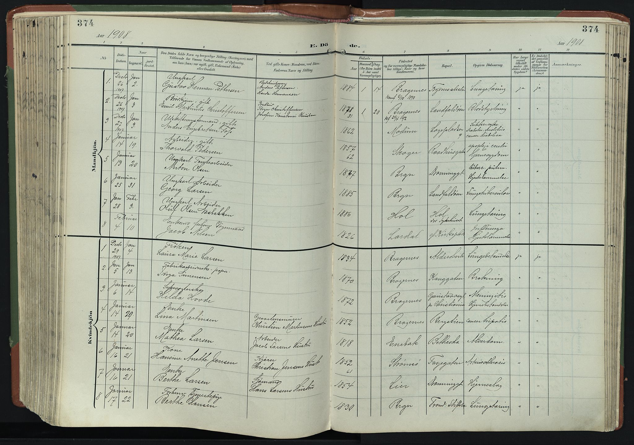 Bragernes kirkebøker, AV/SAKO-A-6/F/Fb/L0009: Parish register (official) no. II 9, 1902-1911, p. 374