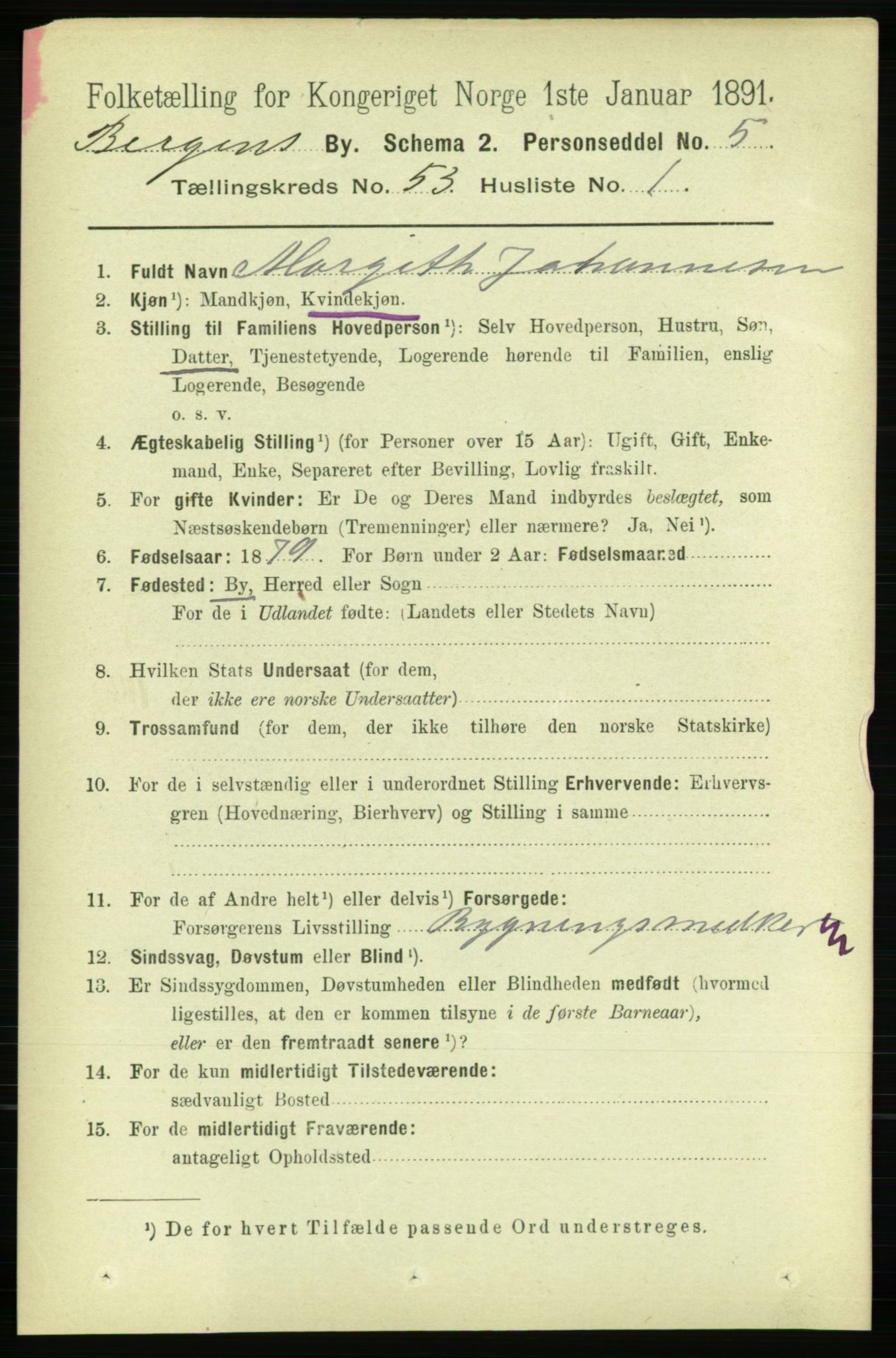 RA, 1891 Census for 1301 Bergen, 1891, p. 61625