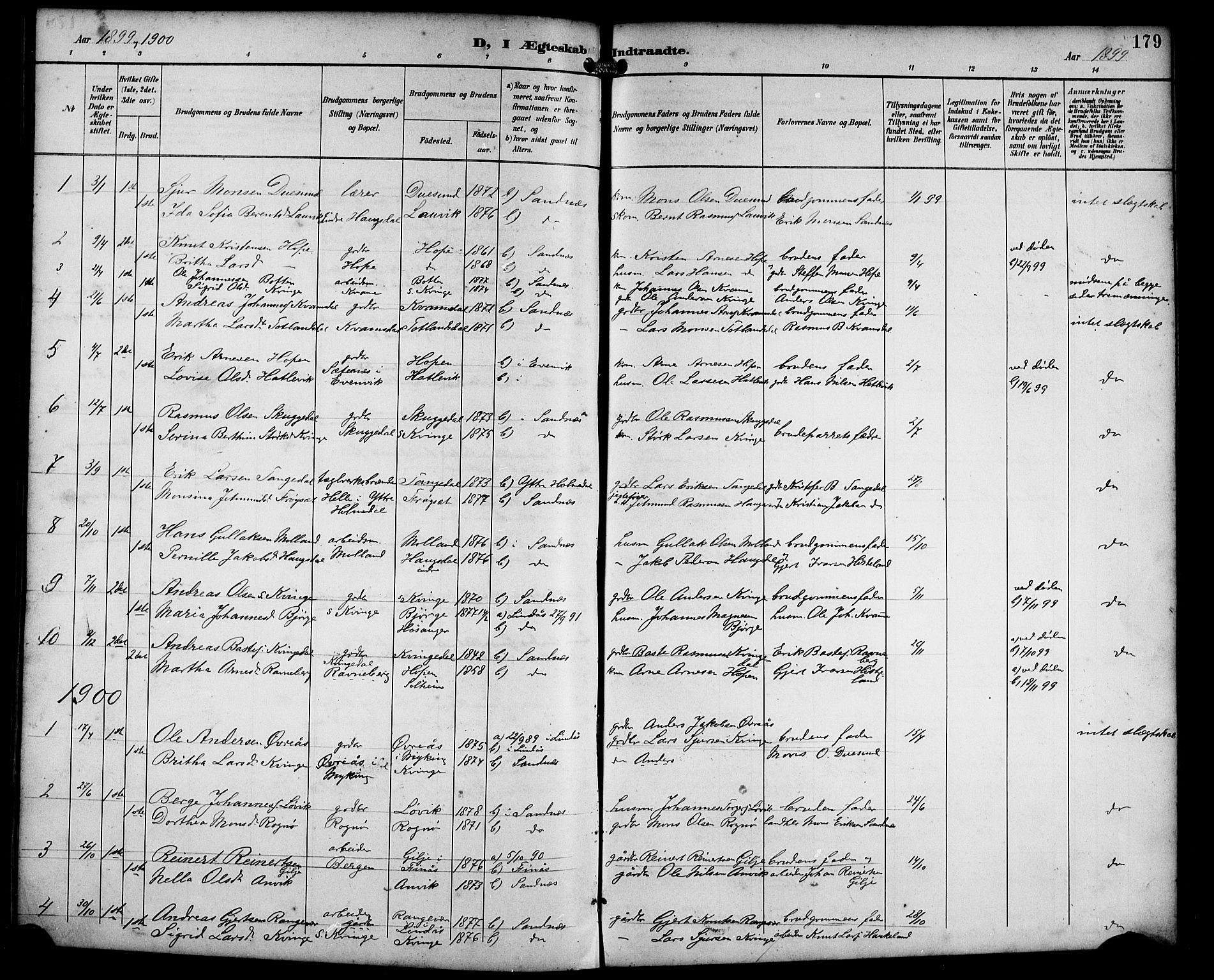 Masfjorden Sokneprestembete, AV/SAB-A-77001: Parish register (copy) no. B 1, 1892-1913, p. 179