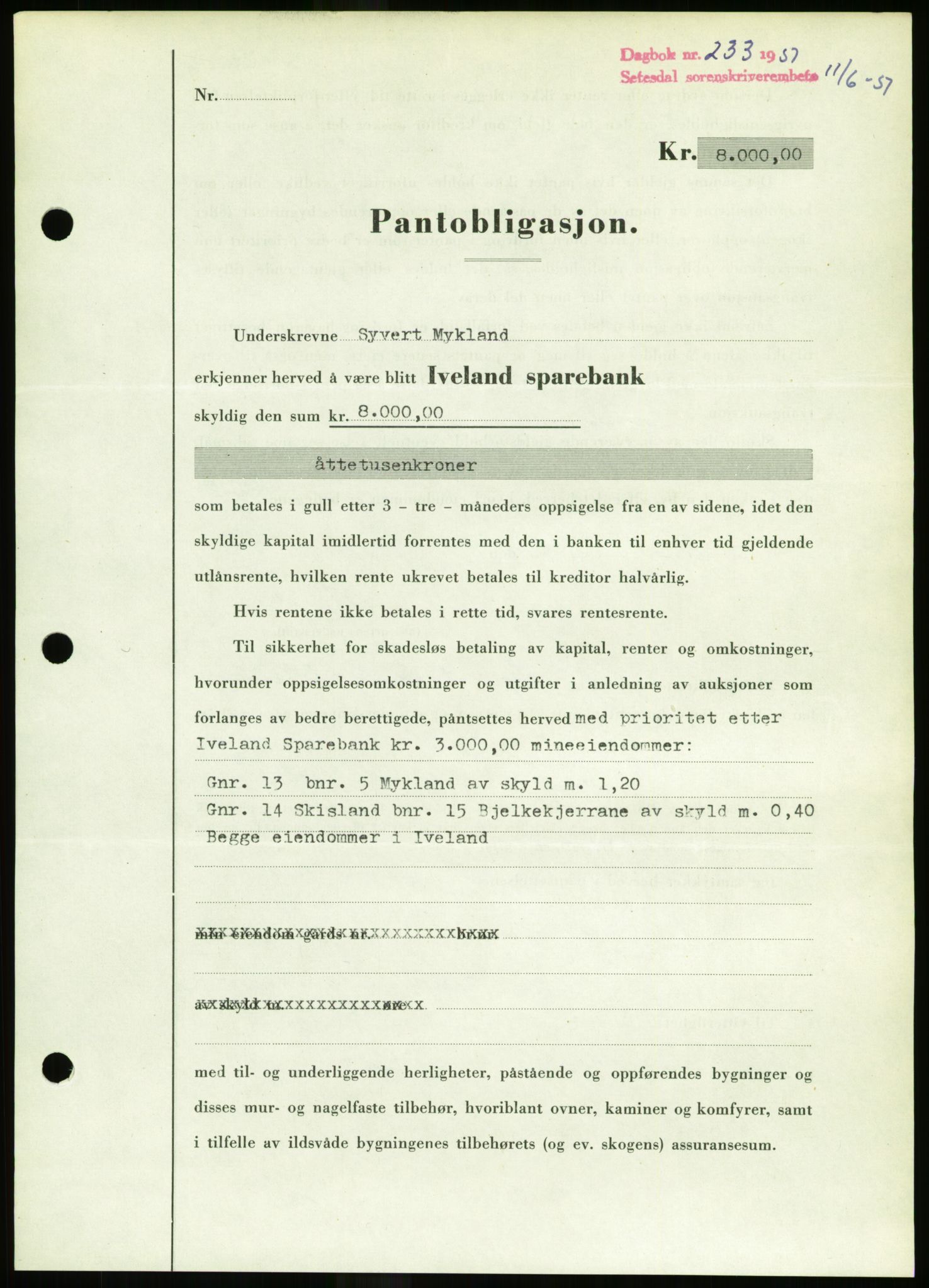 Setesdal sorenskriveri, AV/SAK-1221-0011/G/Gb/L0050: Mortgage book no. B 38, 1949-1952, Diary no: : 233/1951