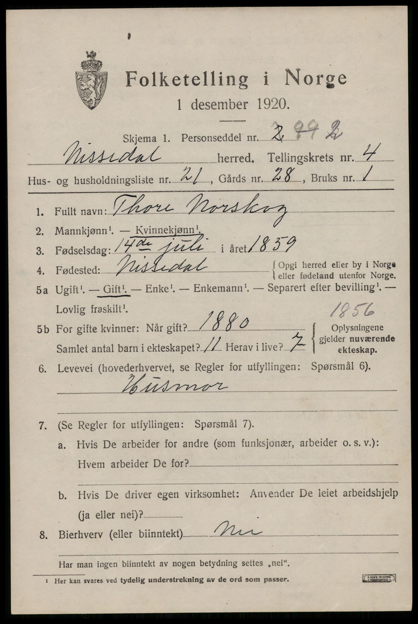 SAKO, 1920 census for Nissedal, 1920, p. 2023