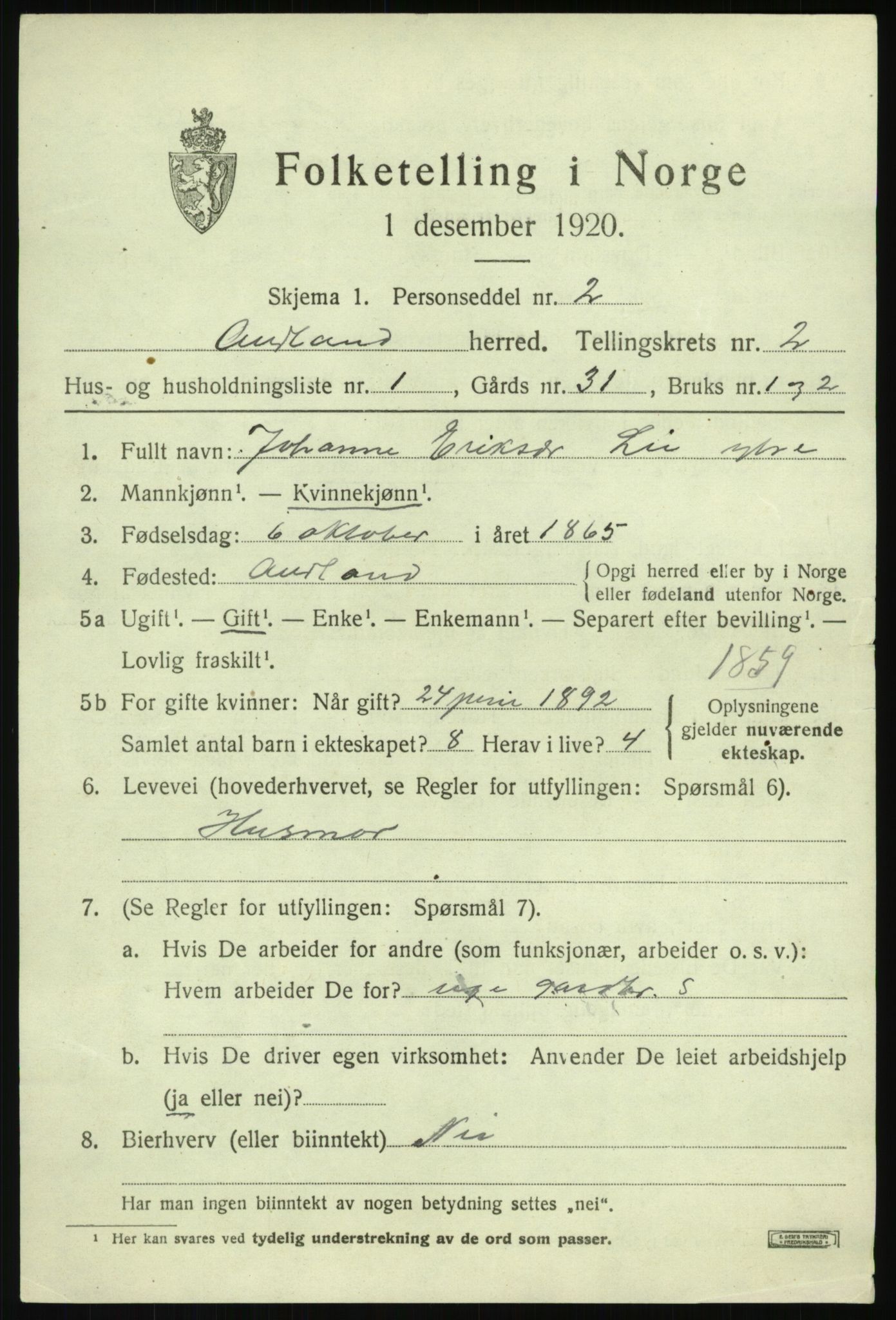 SAB, 1920 census for Aurland, 1920, p. 1838