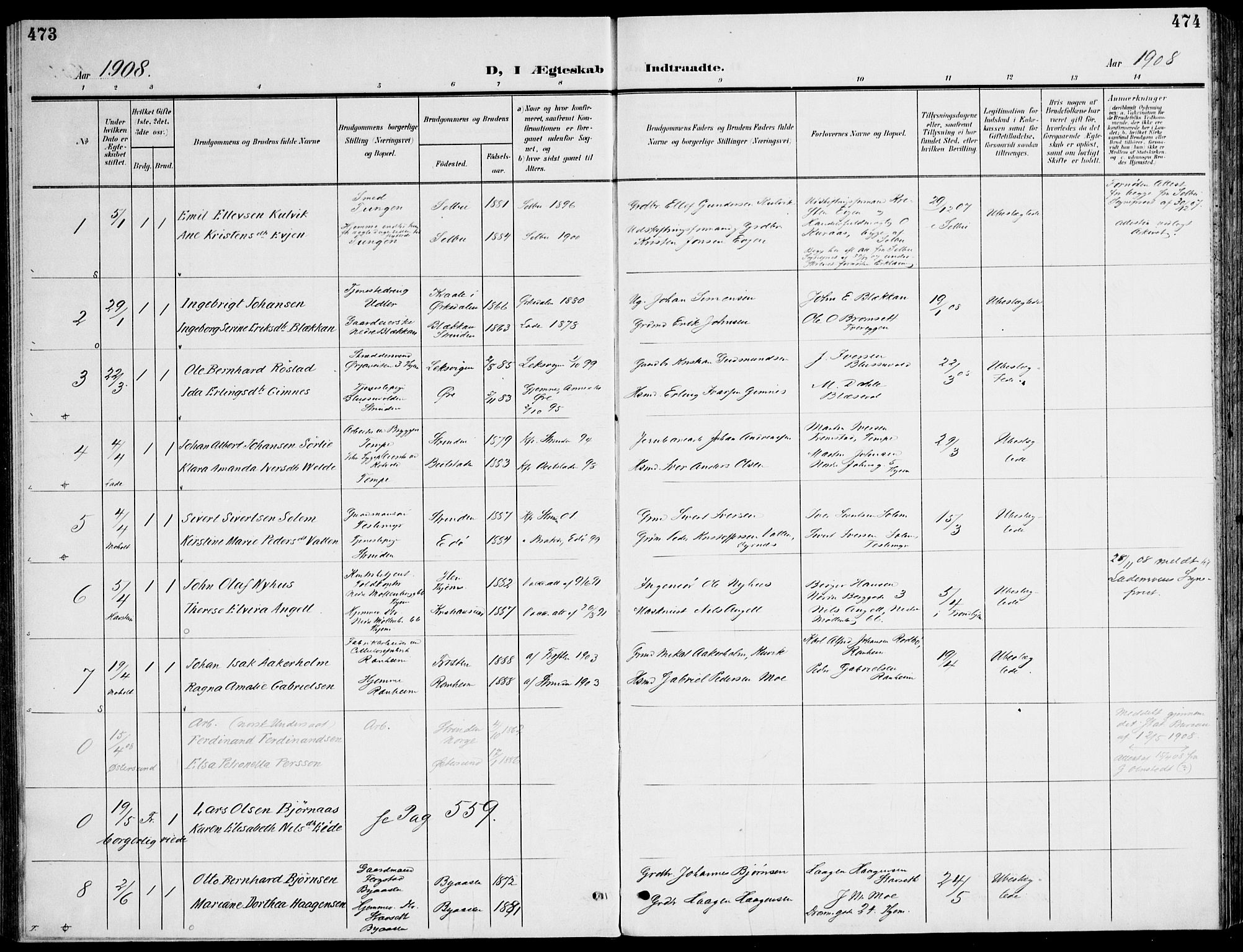 Ministerialprotokoller, klokkerbøker og fødselsregistre - Sør-Trøndelag, SAT/A-1456/607/L0320: Parish register (official) no. 607A04, 1907-1915, p. 473-474